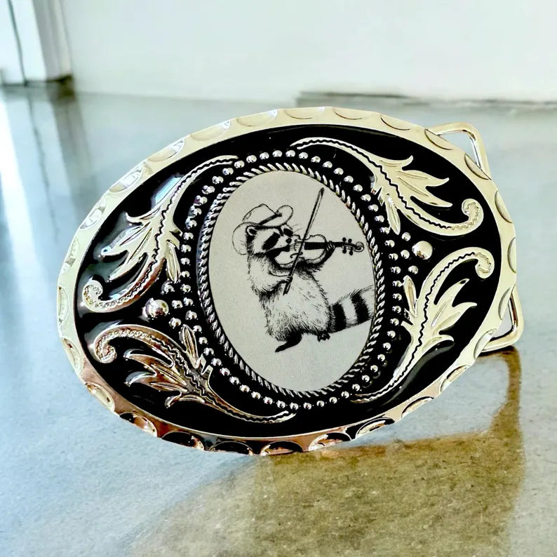 Raccoon Belt Buckle with Violin, Western Accessory