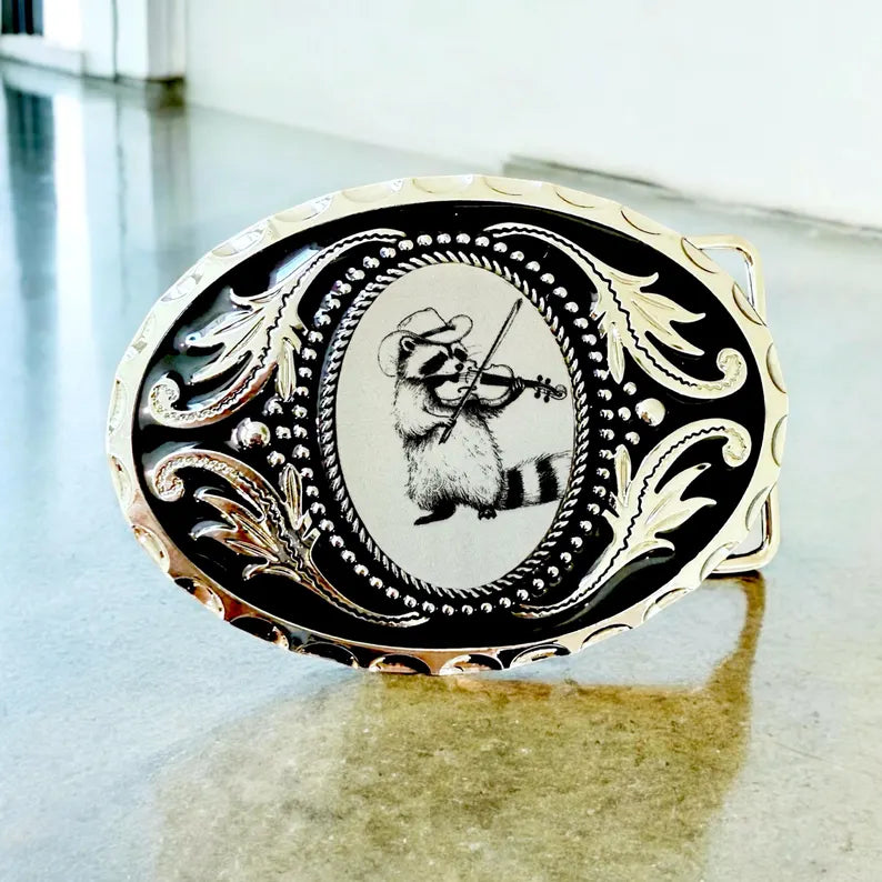 Raccoon Belt Buckle with Violin, Western Accessory