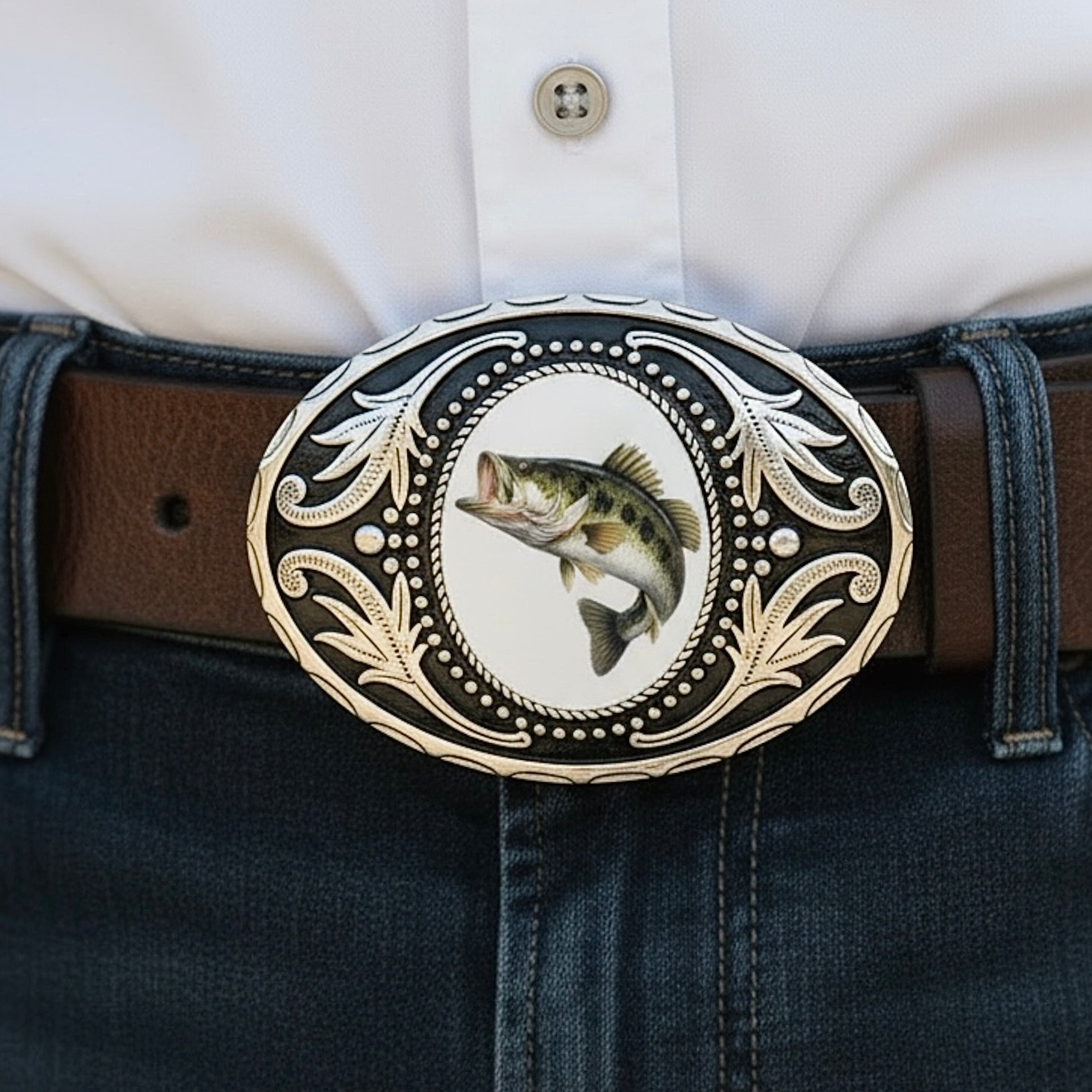 Silver Western Fish Belt Buckle with Jumping Largemouth Bass Detail.