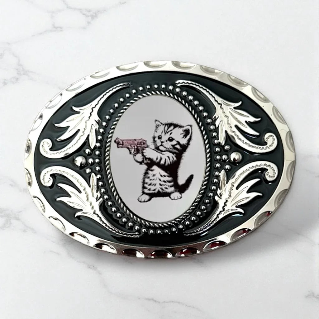Kitten Belt Buckle Western Accessory for cat lovers on marble countertop