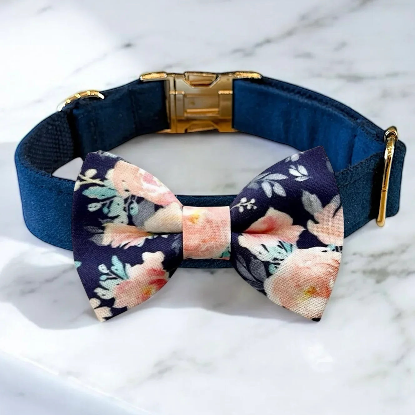 Navy blue velvet dog color with floral dog bow tie for dogs and puppies.
