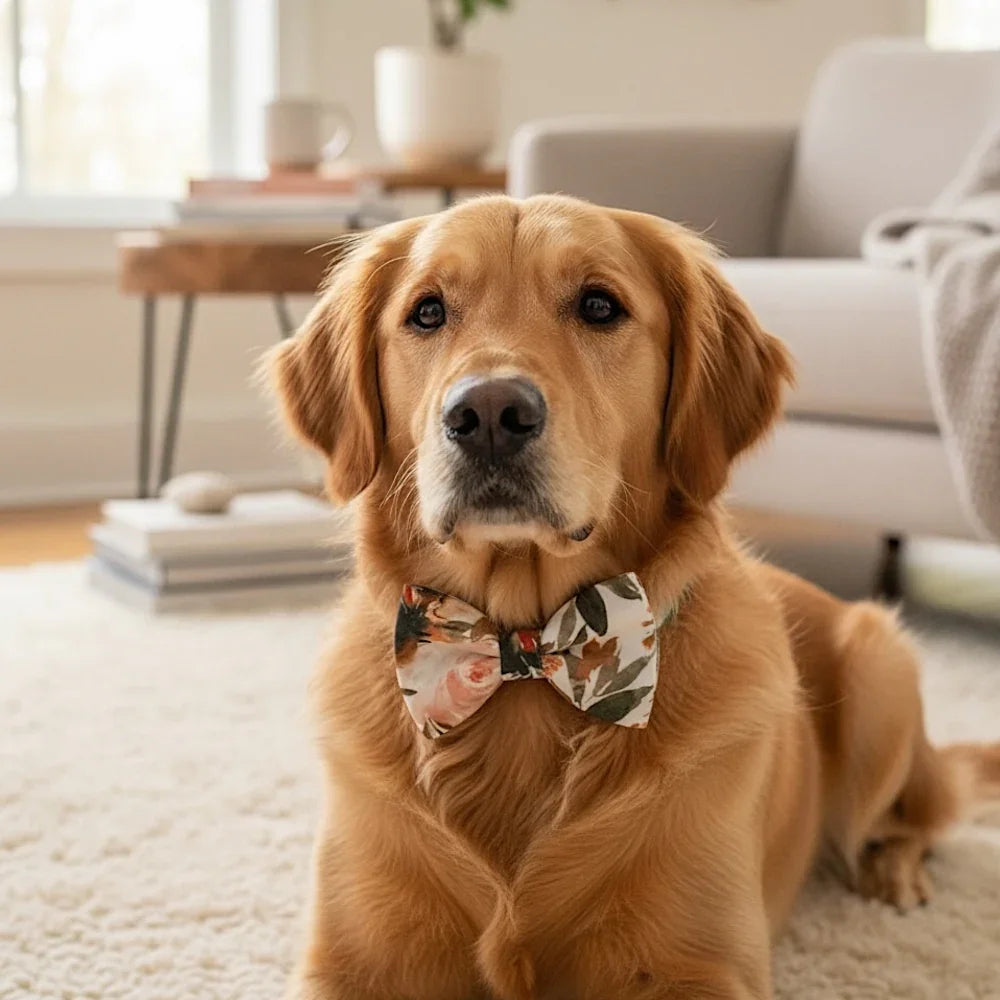 Floral dog bow tie worn by a golden retriever in front of a couch.