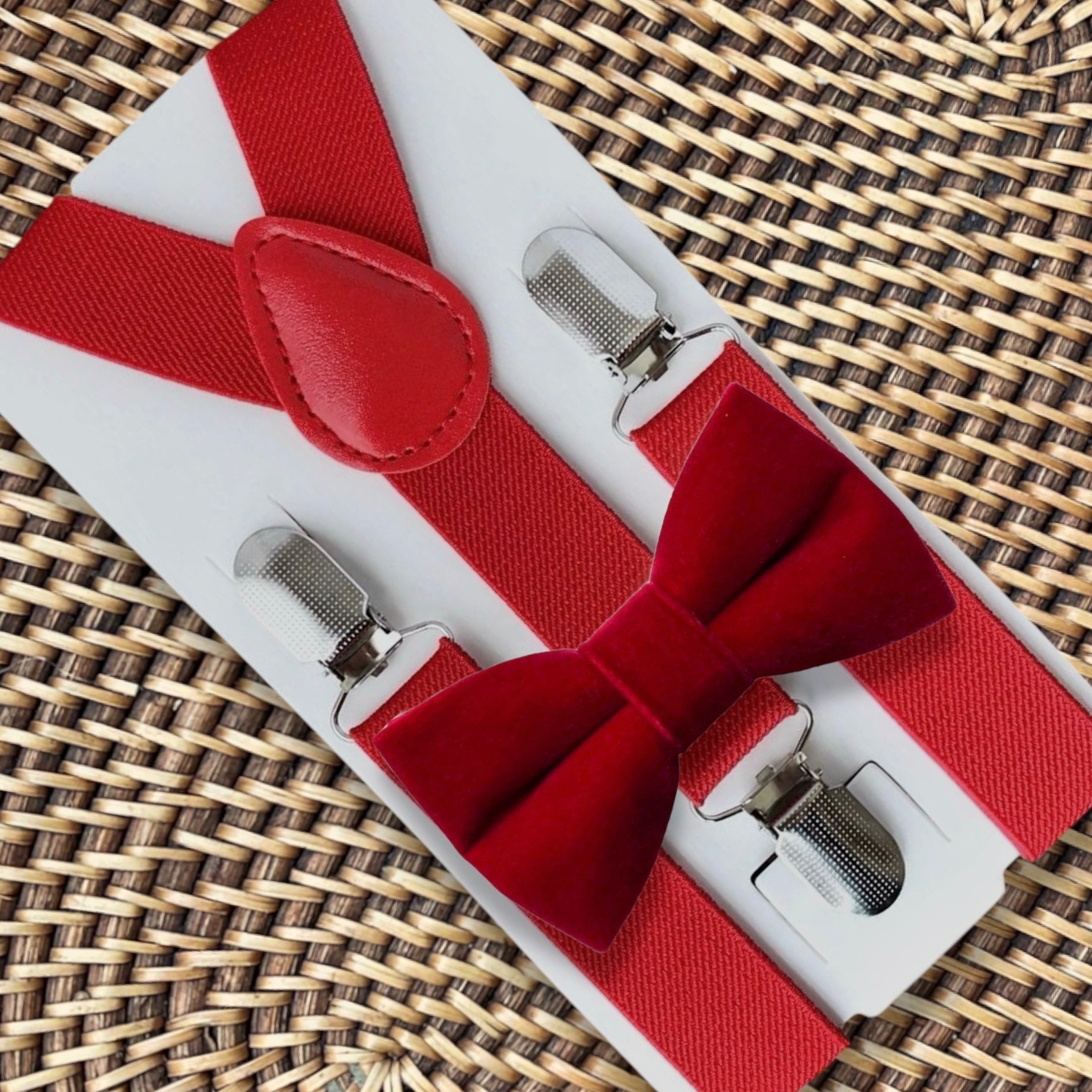 Red Velvet Bow Tie & Red Suspenders Set for Christmas Photos or Valentine’s Day