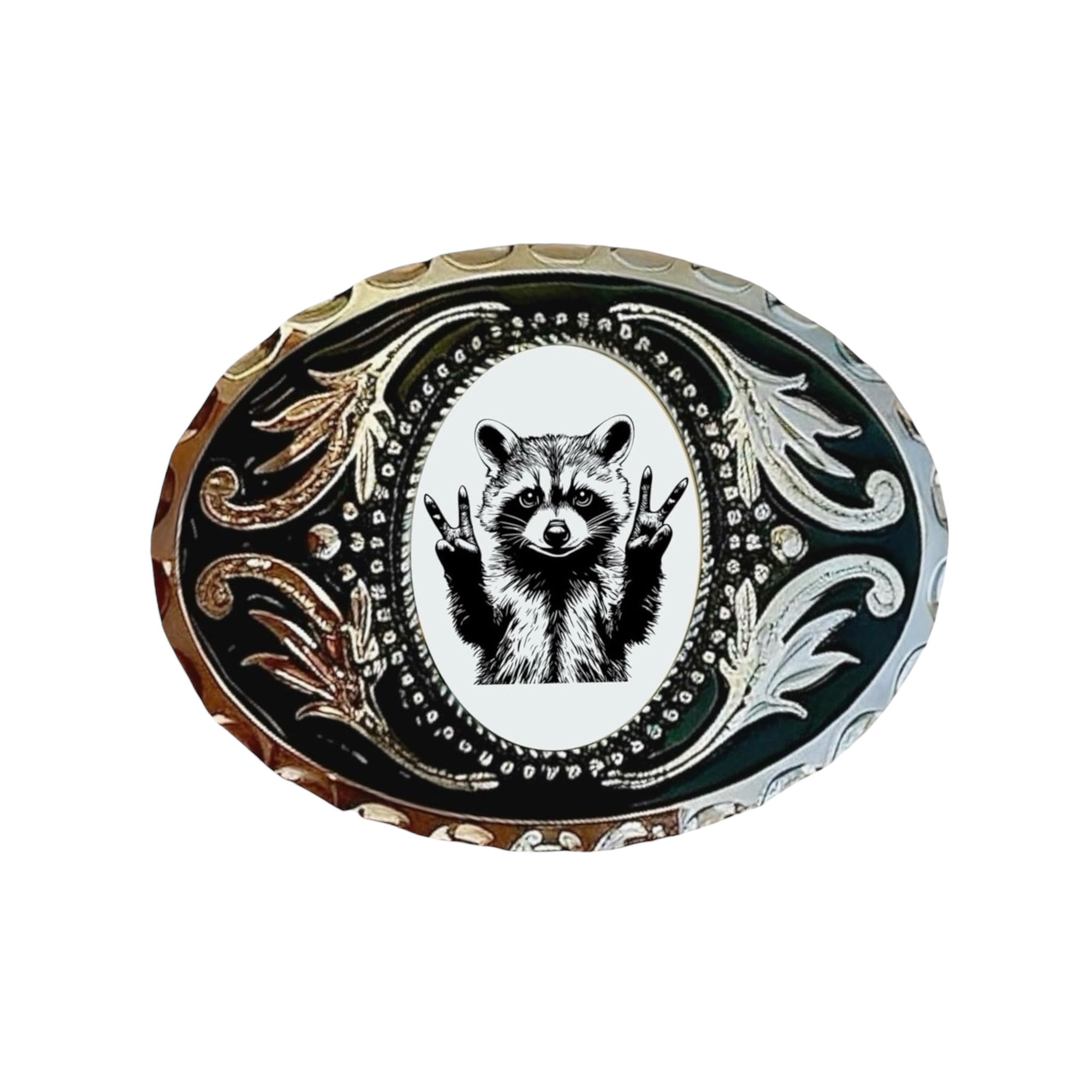 Belt buckle with raccoon for men and women design and decorative border on a white background