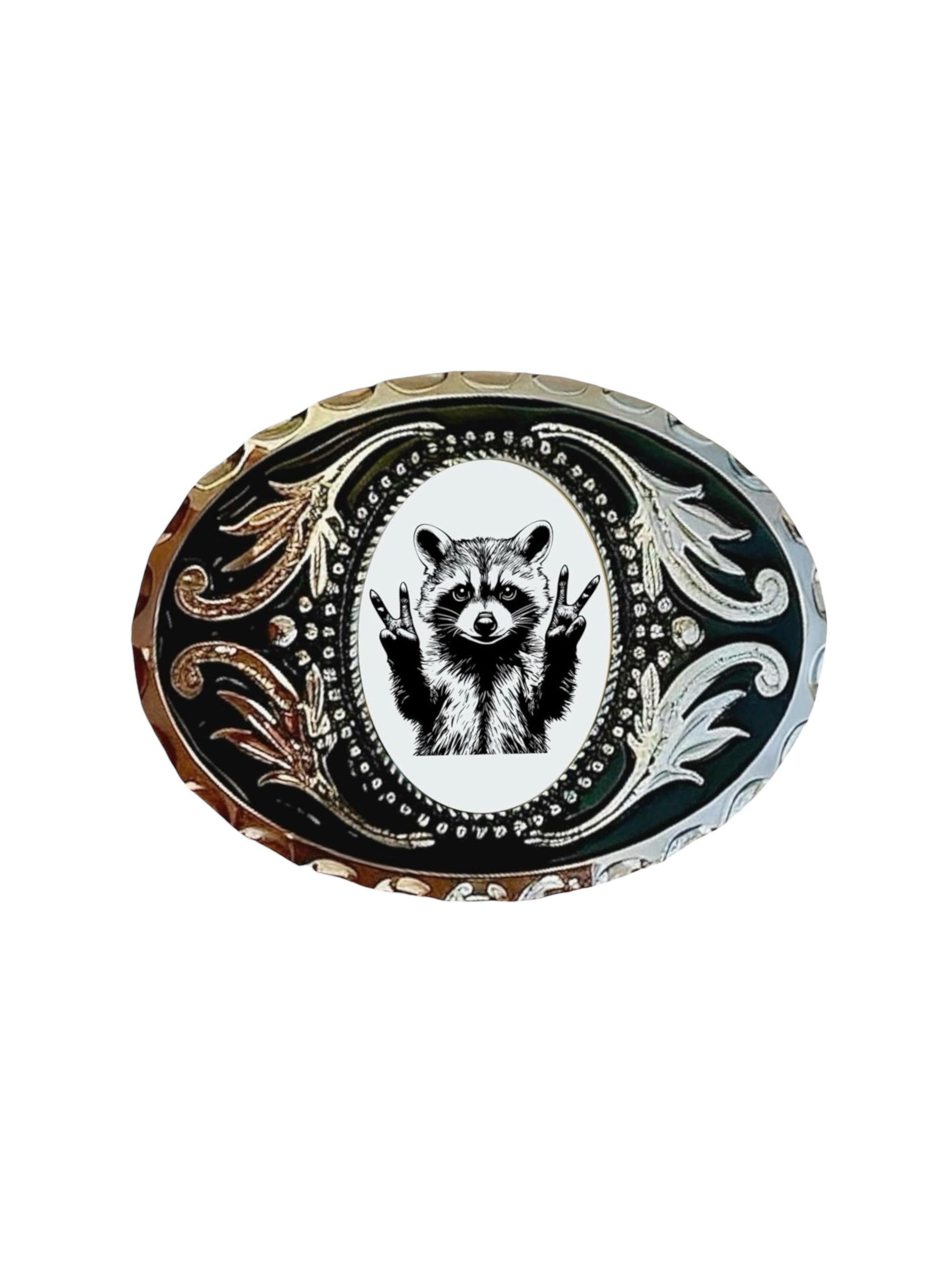 Belt buckle with raccoon for men and women design and decorative border on a white background