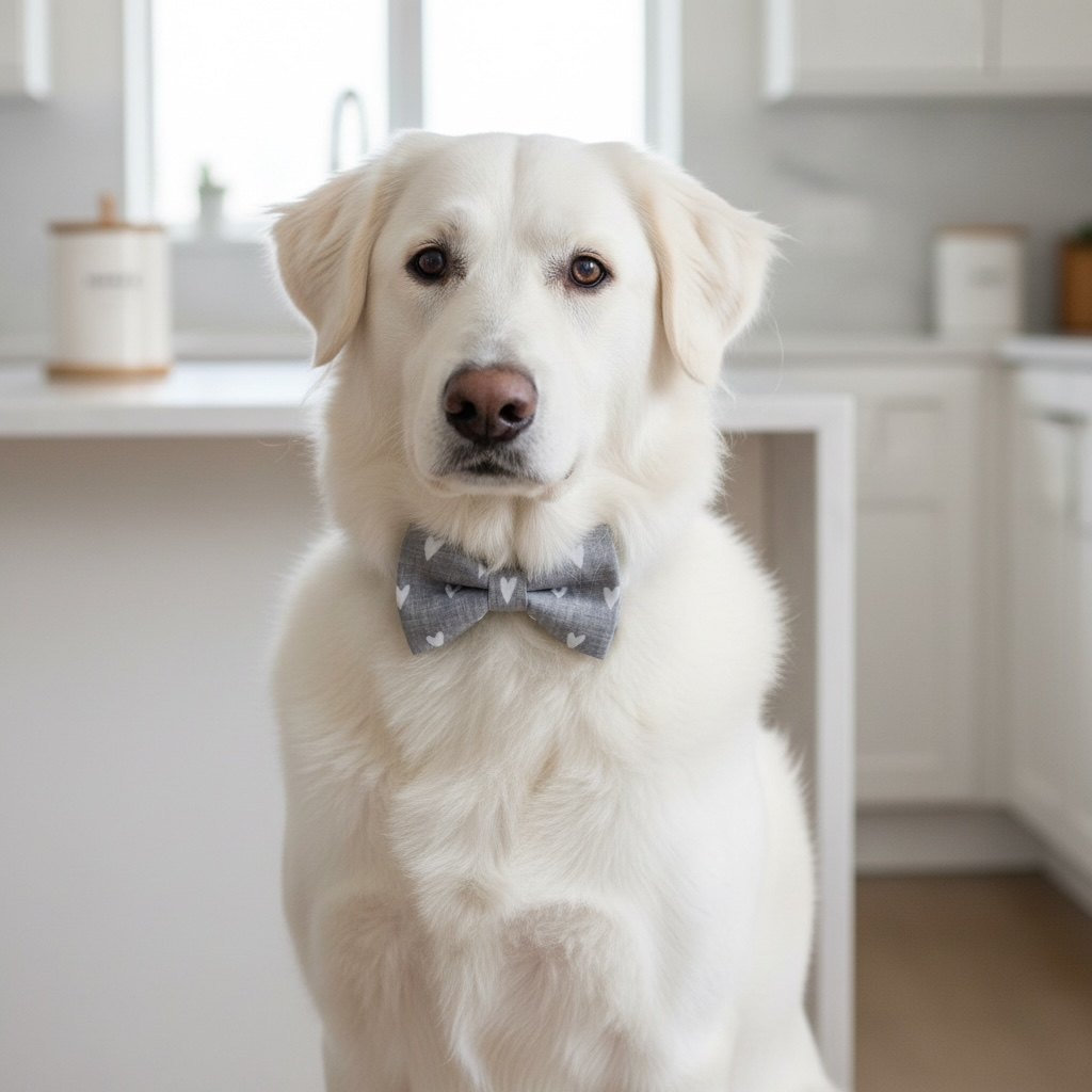 White dog wearing a gray Valentines Day dog bow tie in a kitchen setting