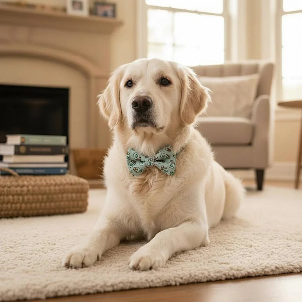 Golden puppy wearing a green dog bow tie sitting on a blanket in a cozy room.