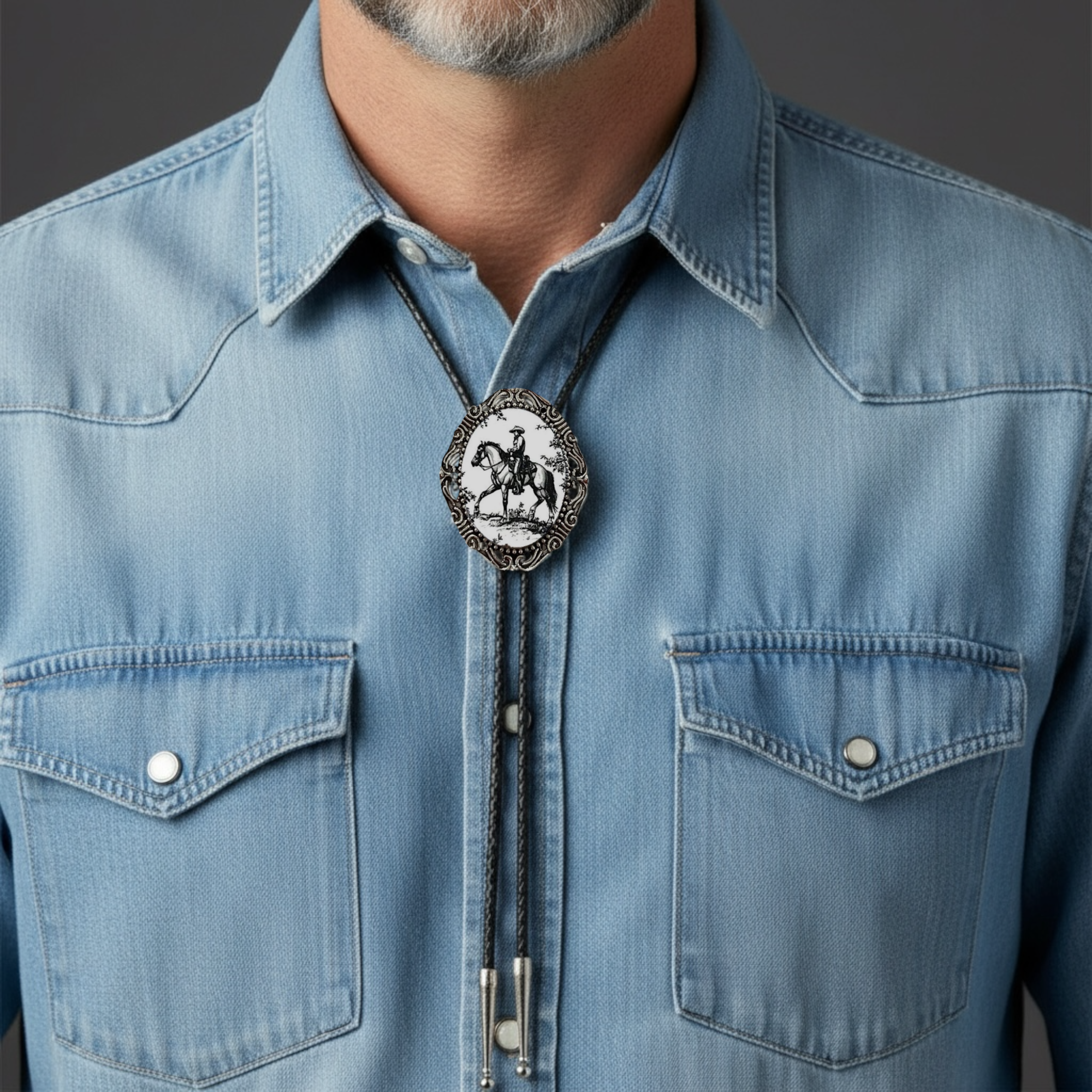 Man wearing a blue denim shirt with a decorative cowboy horse bolo tie.