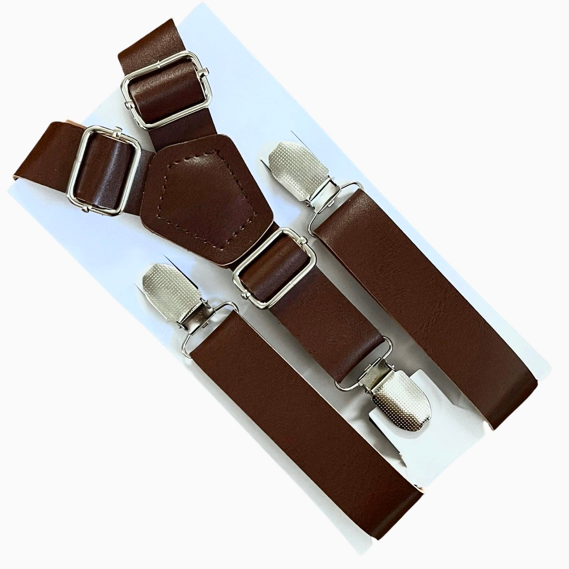 Leather suspenders for men in dark brown.