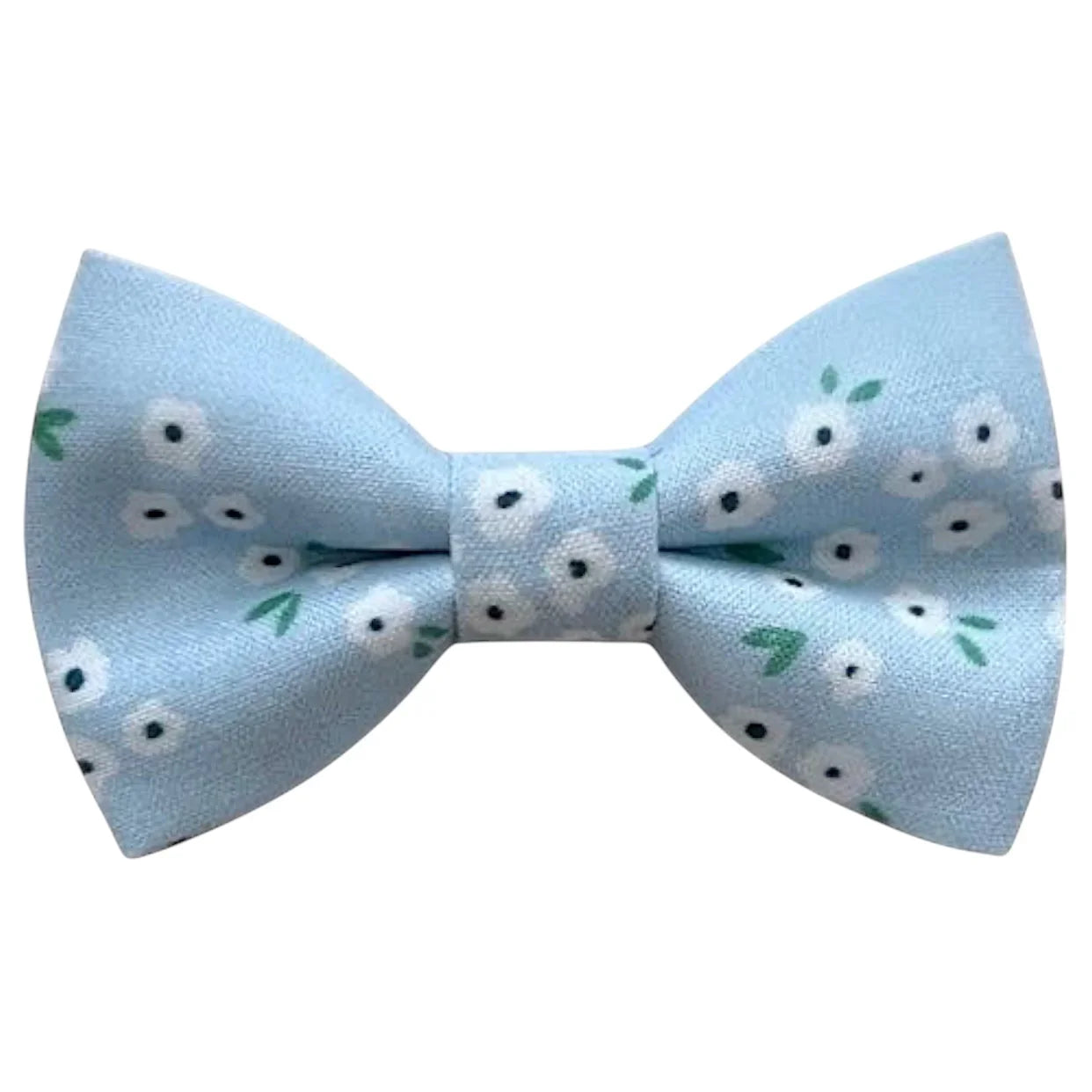 Light blue bow tie with white floral pattern on a white background