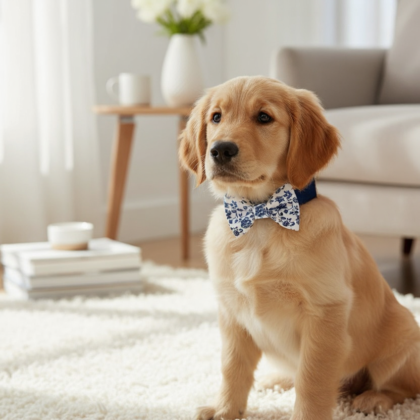 French Blue Floral Dog Bow Tie Collar