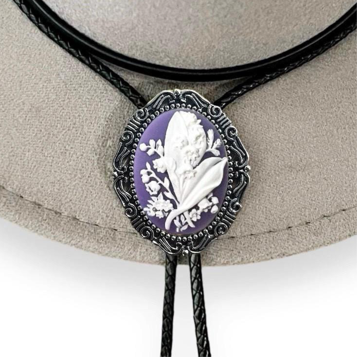 Silver Floral purple Lily of the Valley Bolo Tie for men for wedding, groomsmen, and ring bearer outfits.