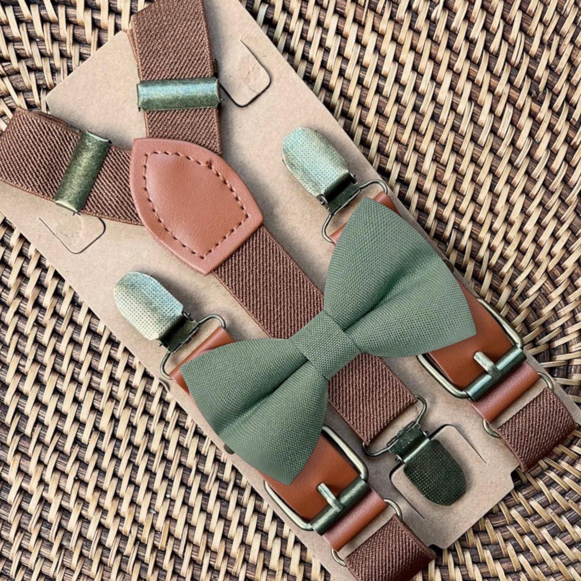 Dusty Sage Green Bow Tie & Dark Brown Suspenders Set for wedding, groomsmen and ring bearer outfit.