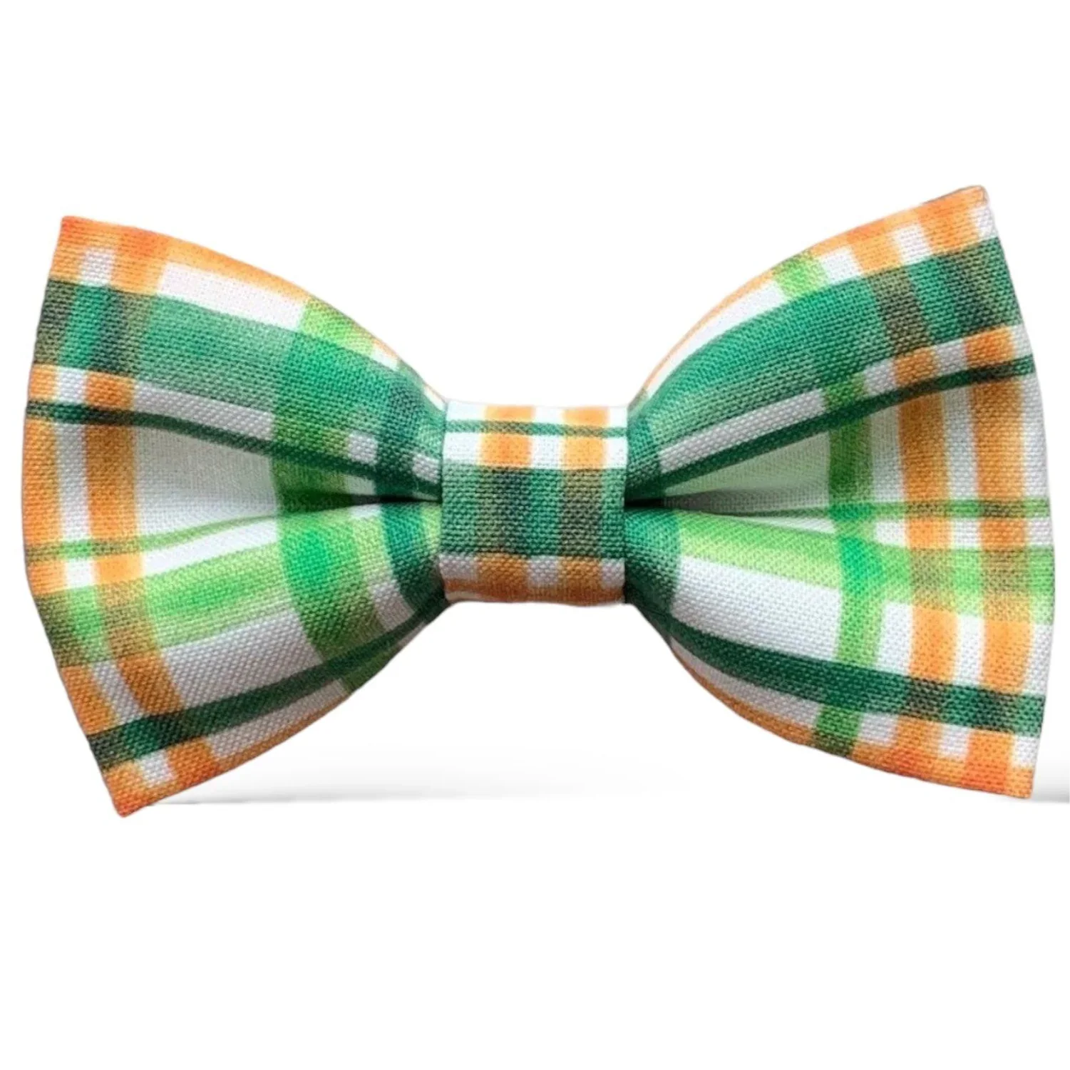 Green, orange, and white St. Patrick’s Day plaid bow tie for boys and men on a white background