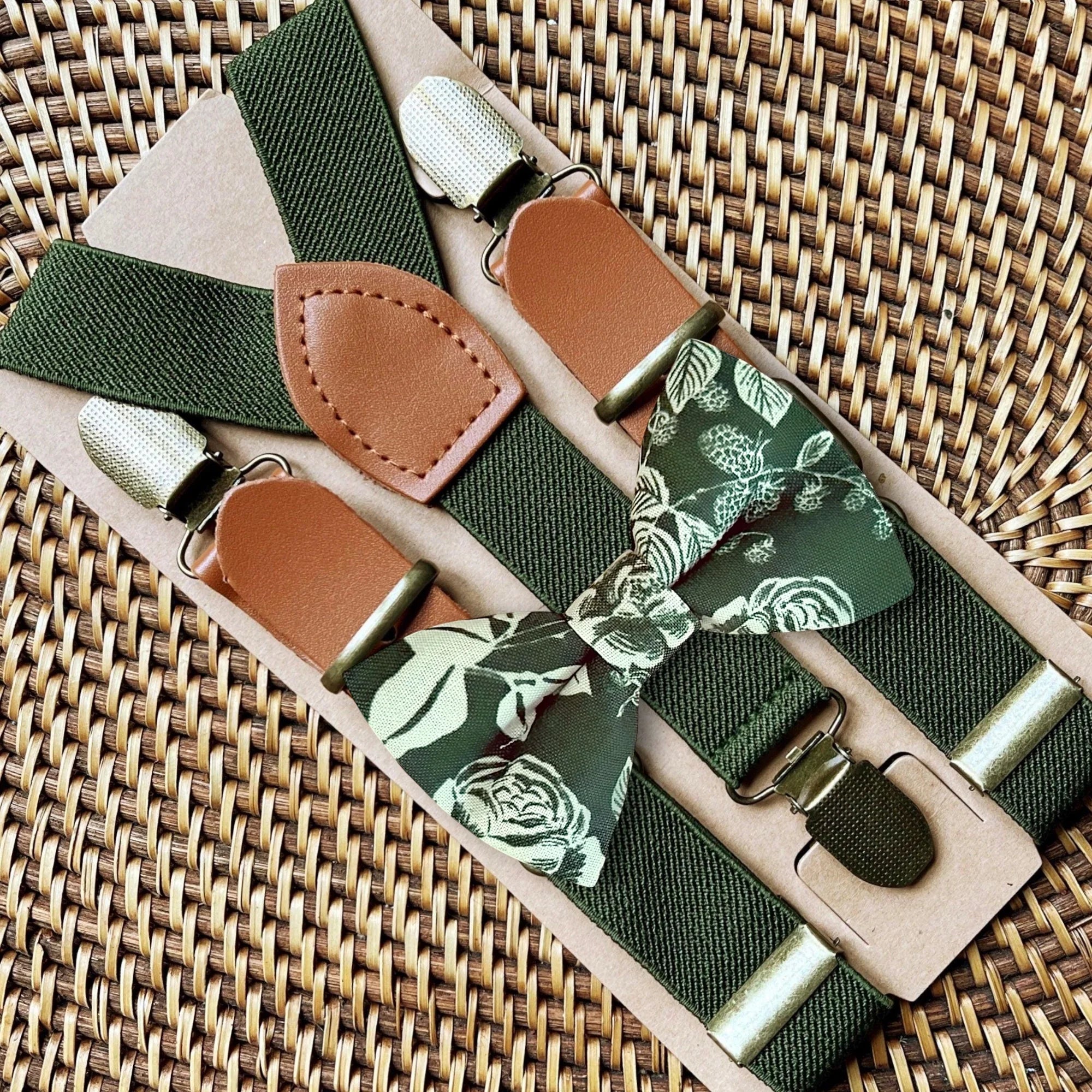Olive green bow tie and suspenders for men boys and toddlers for wedding outfits.