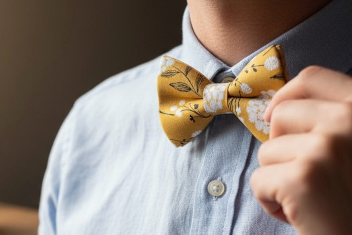 Groomsman wearing a yellow floral bow tie with a blurred background