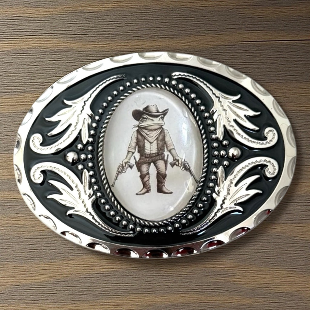 Custom Belt Buckle with Cowboy Frog, Western Accessory on a wooden table