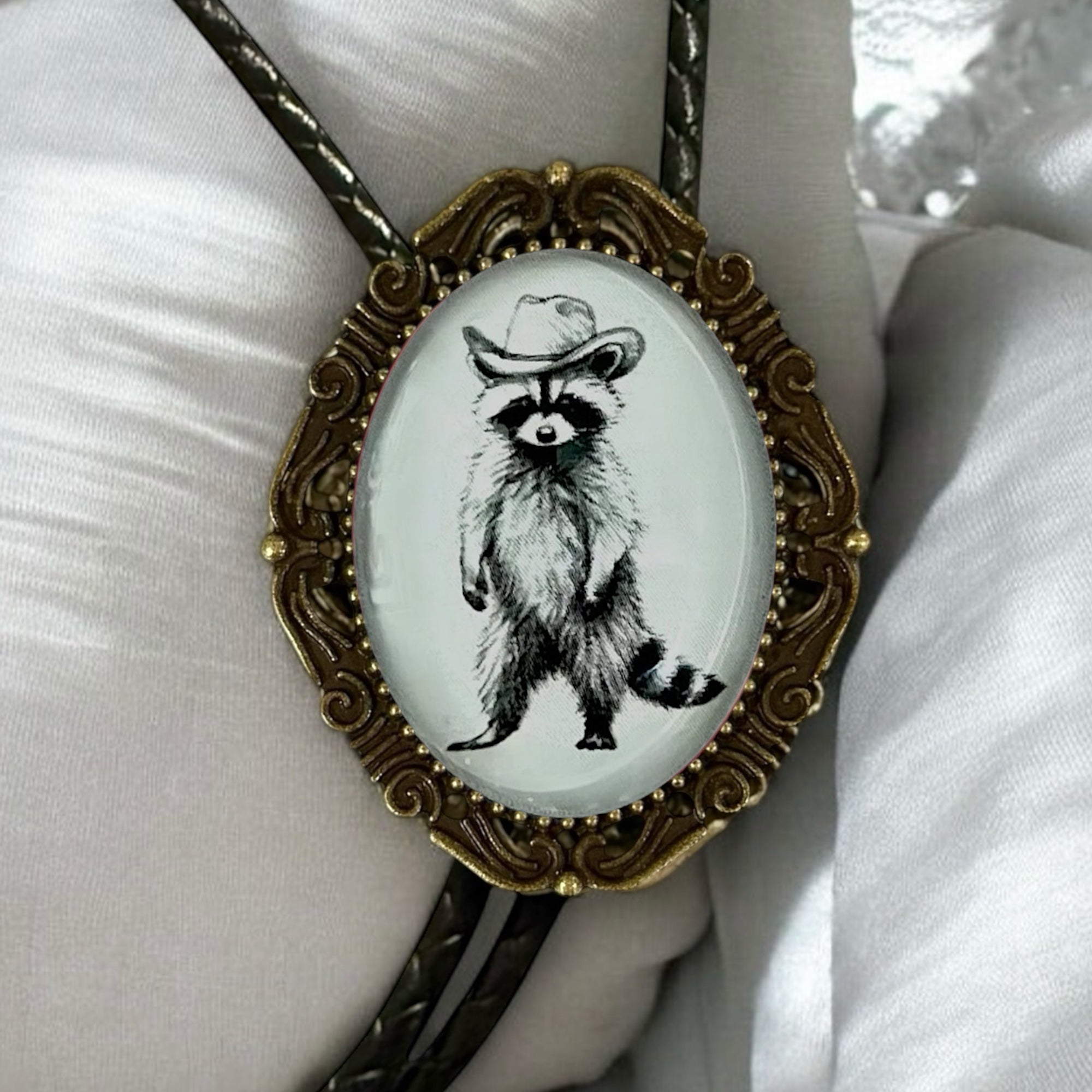 Bolo Tie with Raccoon- Black & Gray