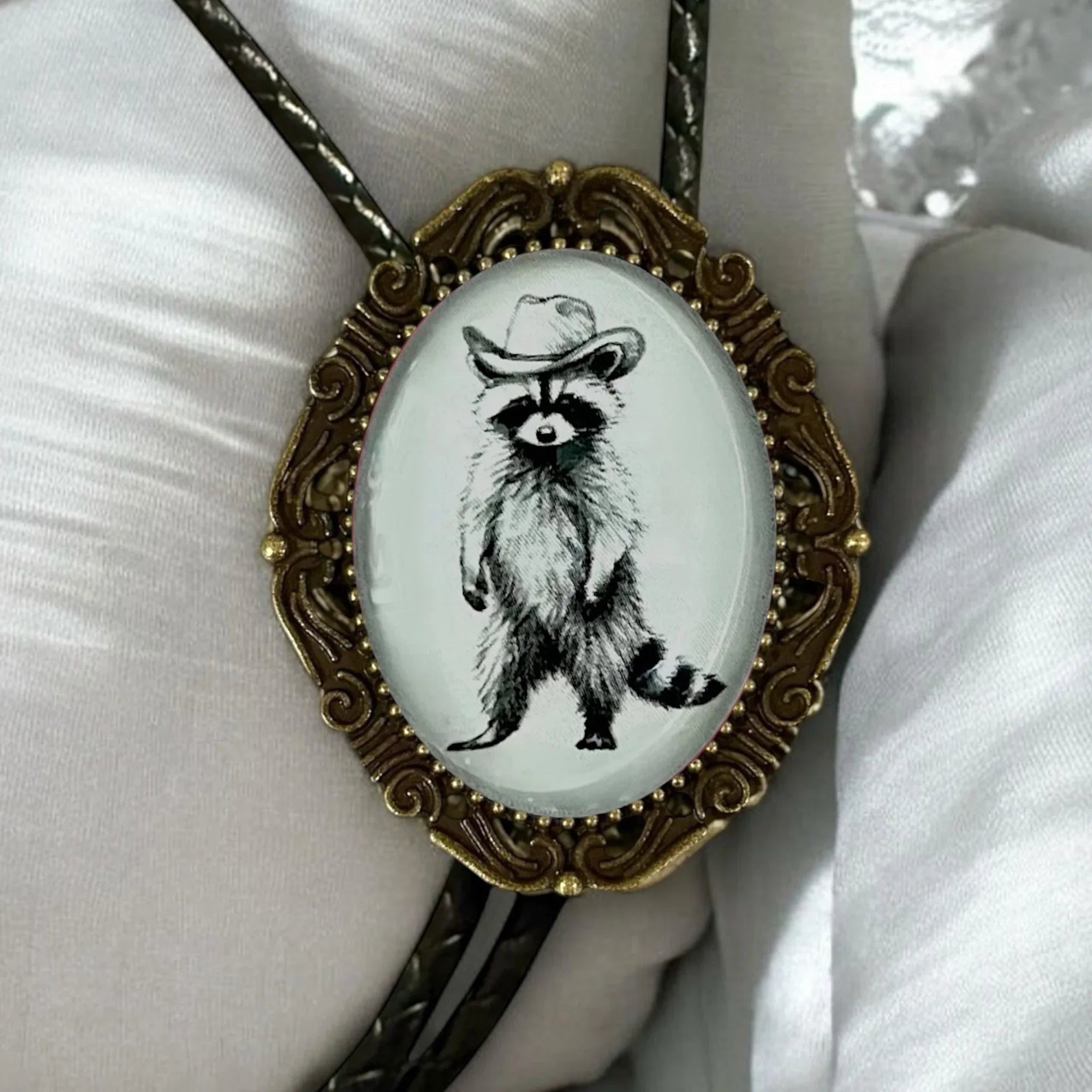 Bolo Tie with Raccoon- Black & Gray