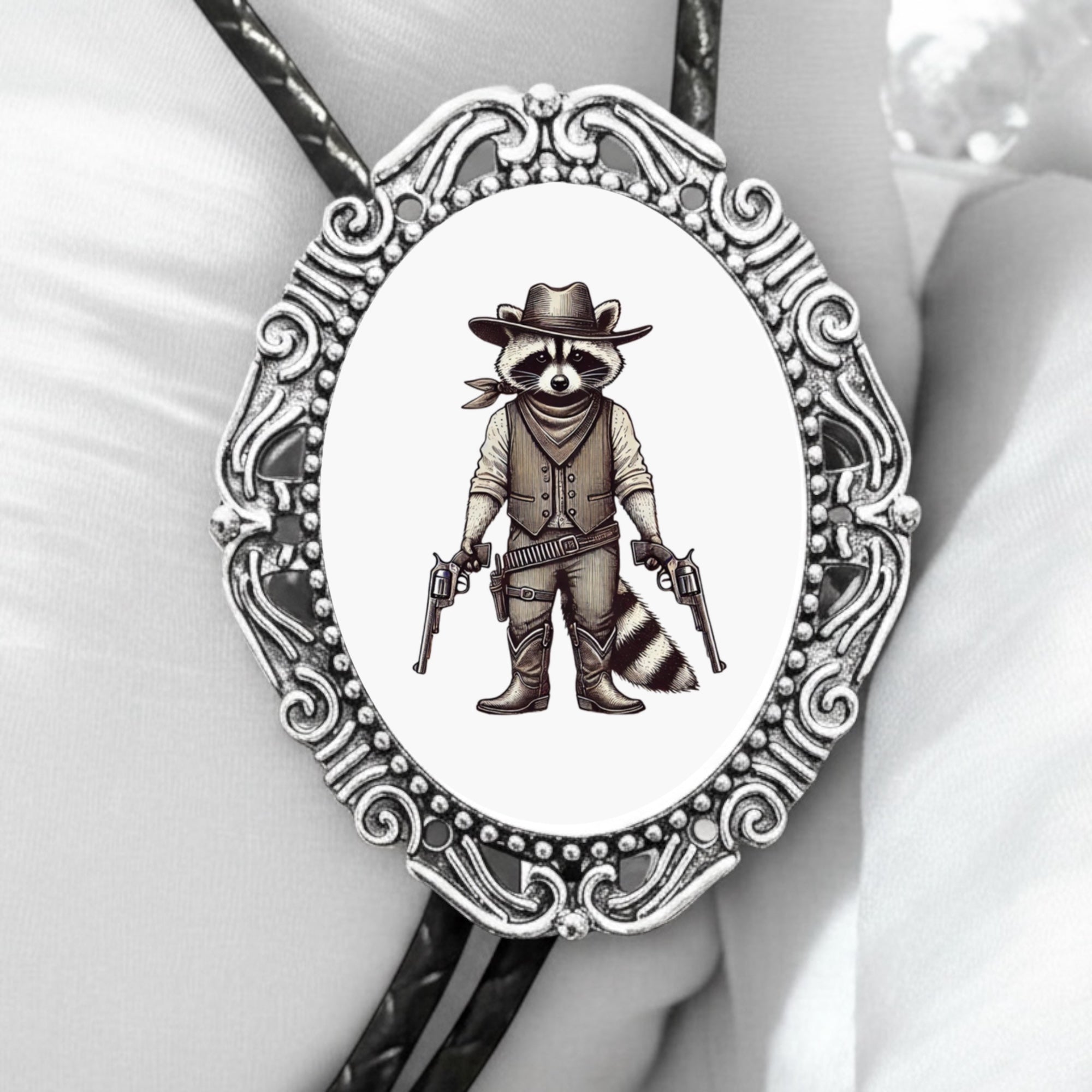 Raccoon Bolo Tie – Handmade Cowboy Western Neckwear for Rustic Weddings & Country Formal Wear