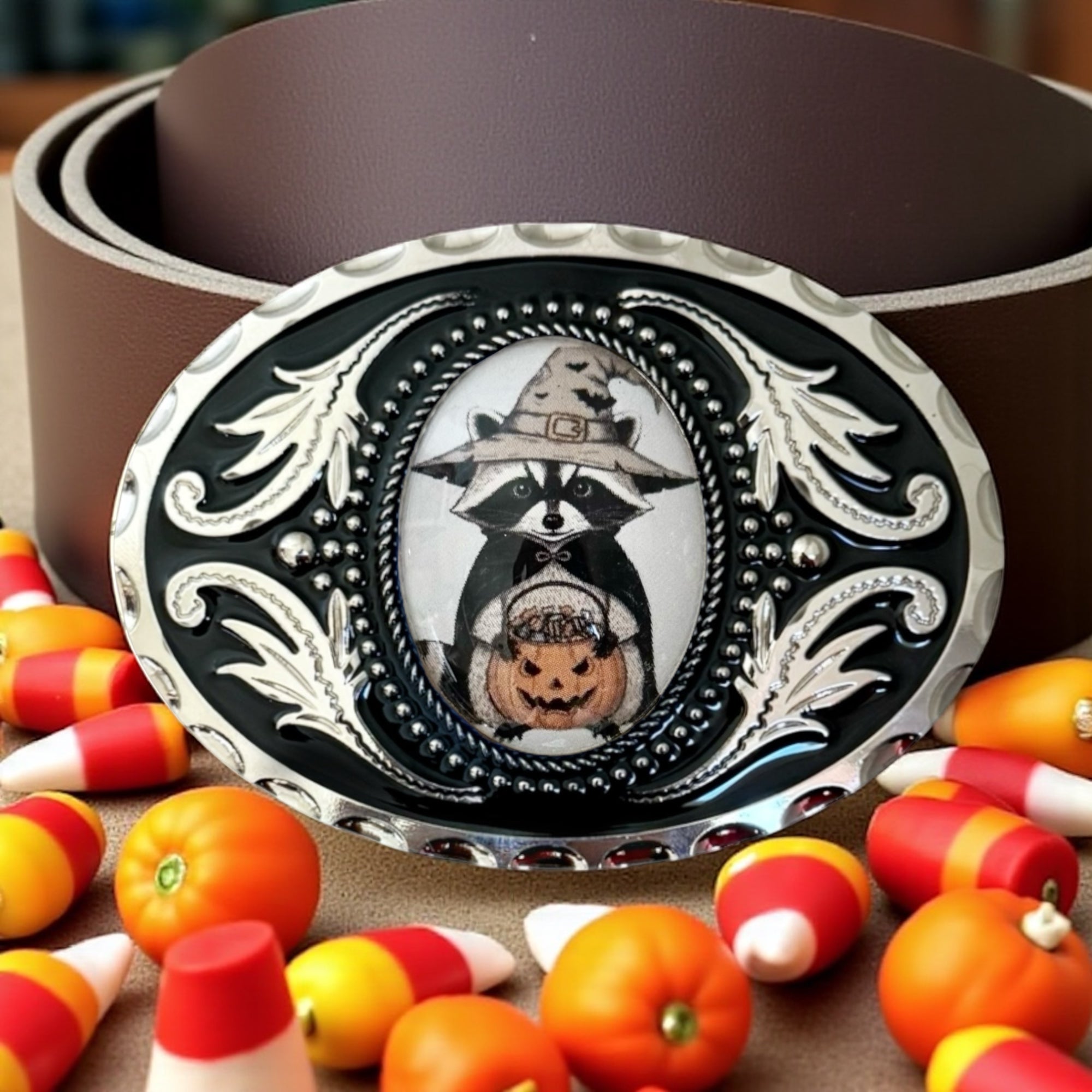 Halloween Belt Buckle with Raccoon, Western Accessory
