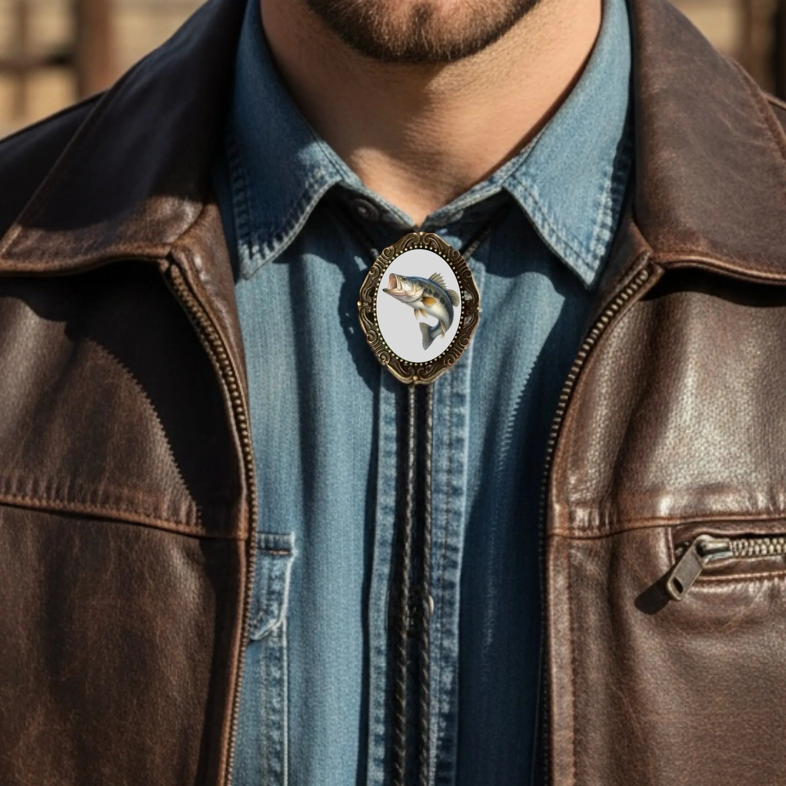 Infographic from The Bold Bow Tie titled Bolo Tie Features. Right: A vintage-style bolo tie with a blue and white cowboy riding a horse illustration inside an ornate bronze filigree frame on a black braided cord. Left: Lines connect the image to three checkmark features: Handmade, 39" Long Cord, and Pendant is 1.5" (L) x 1.25" (W). Bottom text reads Perfect Addition to Your Outfit.