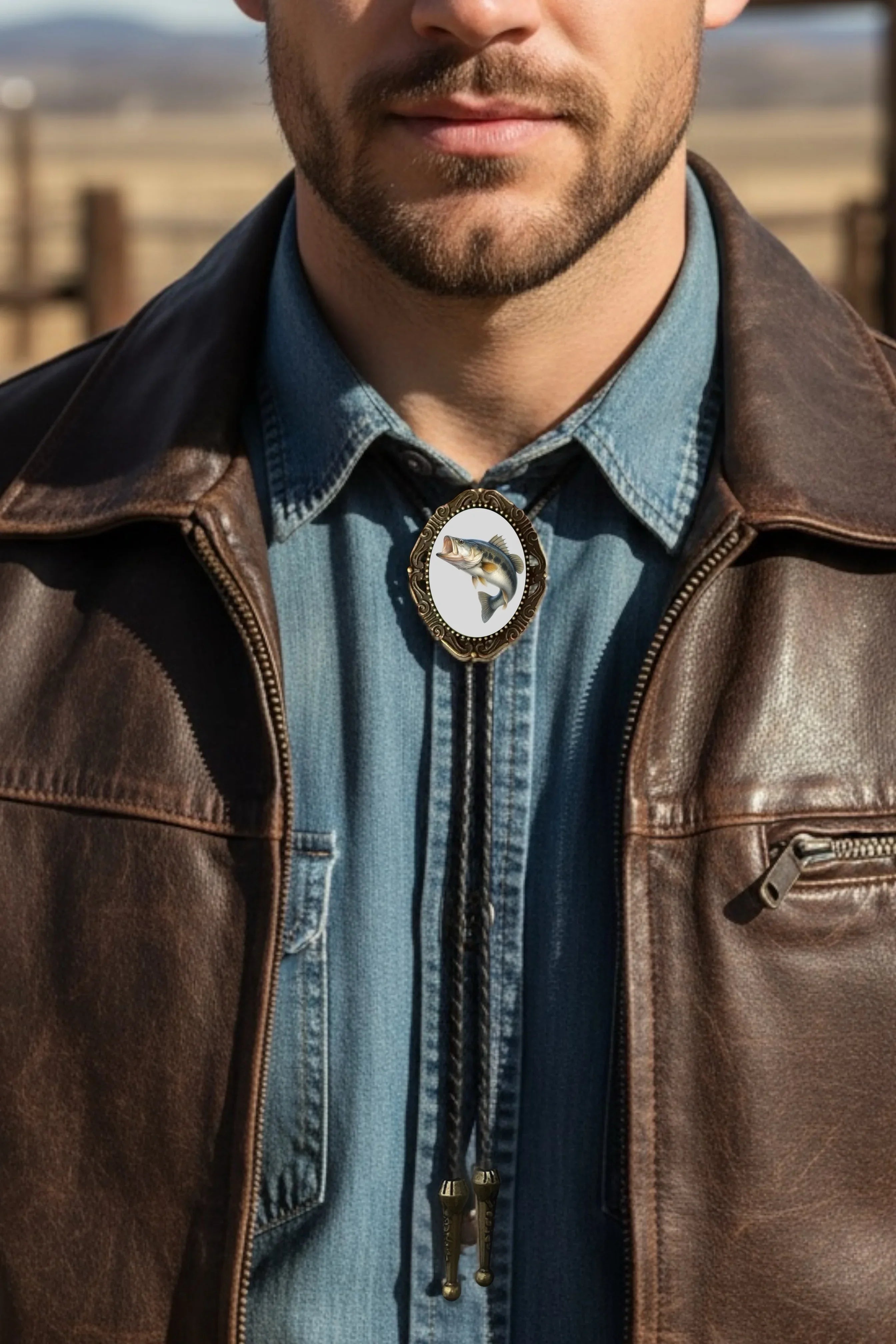 Infographic from The Bold Bow Tie titled Bolo Tie Features. Right: A vintage-style bolo tie with a blue and white cowboy riding a horse illustration inside an ornate bronze filigree frame on a black braided cord. Left: Lines connect the image to three checkmark features: Handmade, 39" Long Cord, and Pendant is 1.5" (L) x 1.25" (W). Bottom text reads Perfect Addition to Your Outfit.
