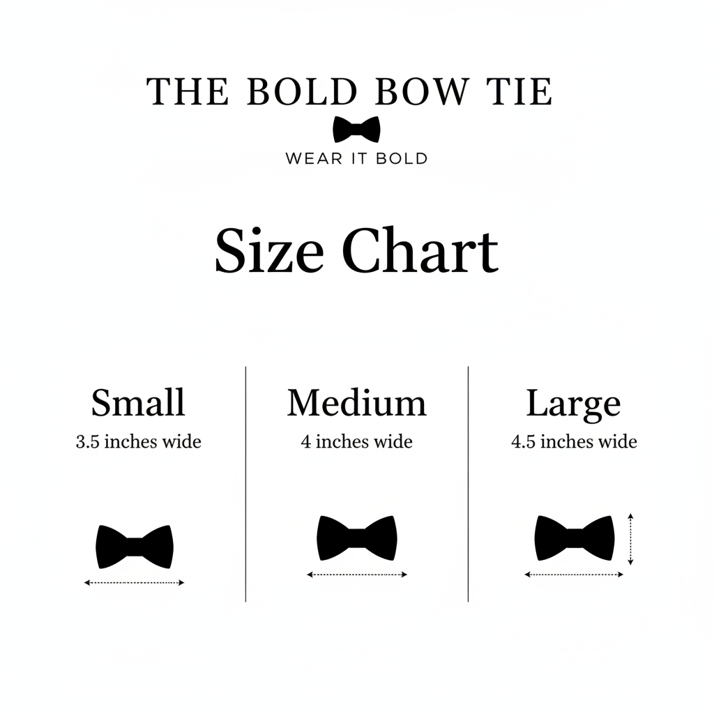 Dog bow tie size chart. Size Small is 3 1/2 inches wide for small dogs under 15 lbs. Size Medium is 4 inches wide for medium dogs between 15 band 40 lbs. Size Large is 4 1/2 inches wide for Large Dogs between 40 band 80 lbs. Sizing is up to preference and pet bow ties slide on to dog collars with elastic.