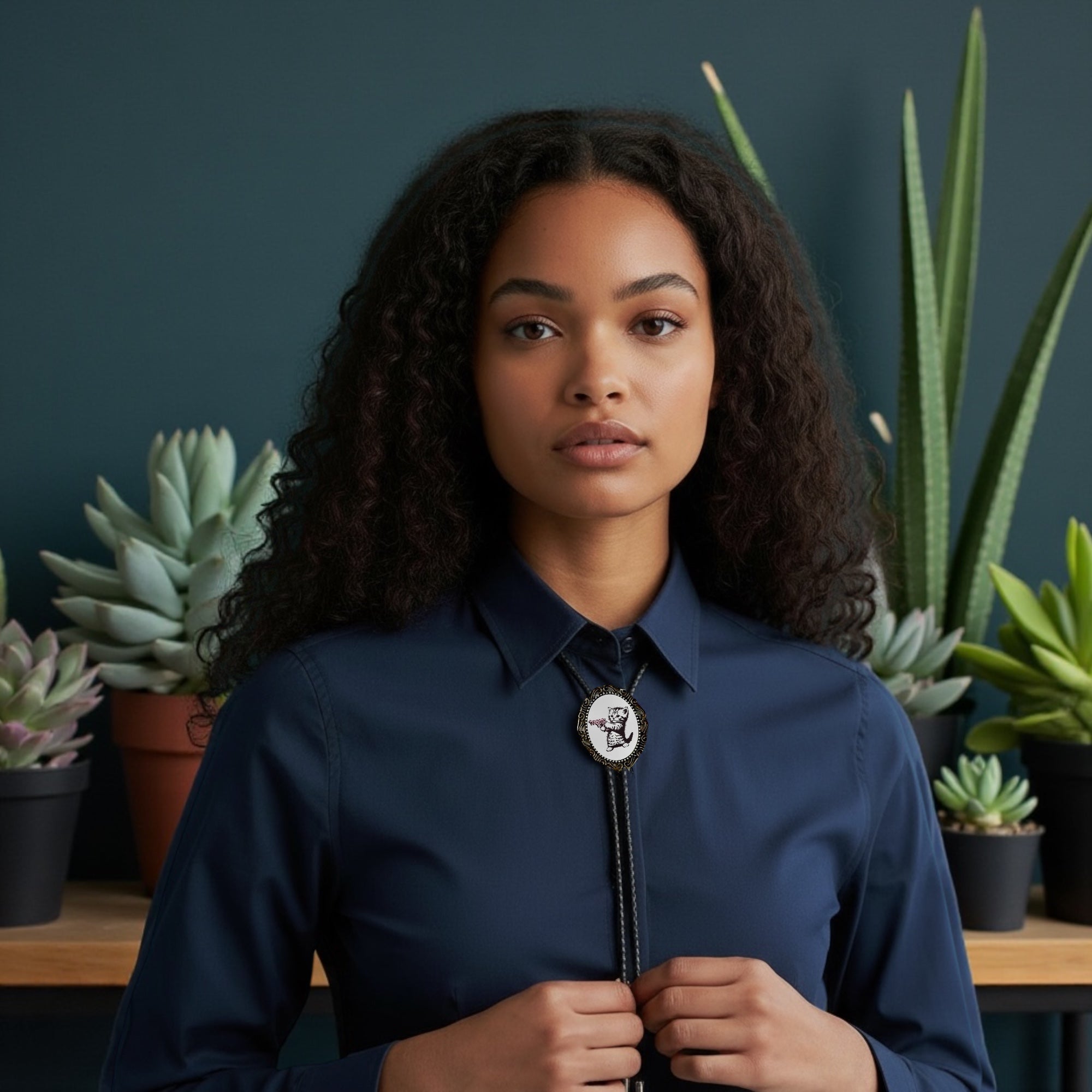 Woman wearing a blue shirt with a cat bolo tie in front of potted plants