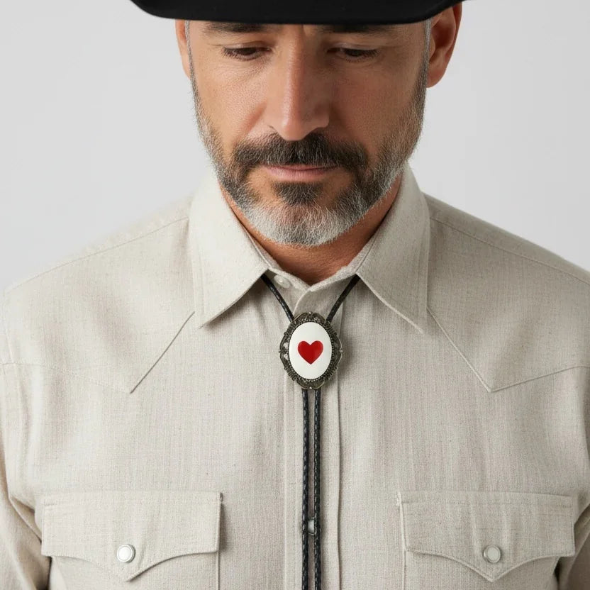 Man wearing a black cowboy hat and beige shirt with a decorative bolo tie.