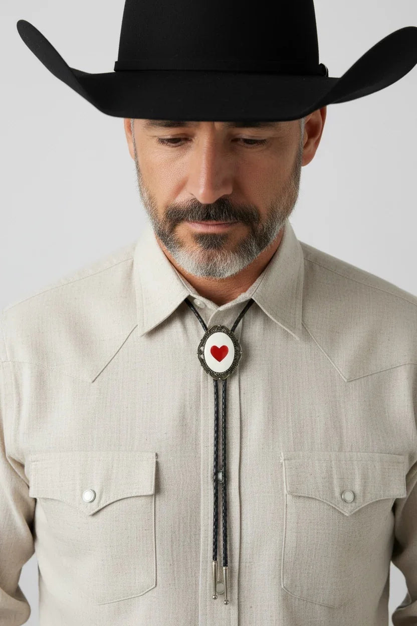 Man wearing a black cowboy hat and beige shirt with a decorative bolo tie.