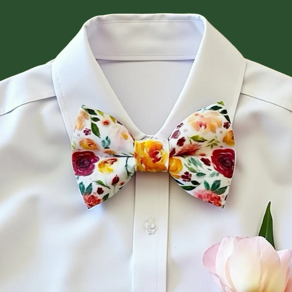 Floral bow tie in wildflower print for garden wedding.