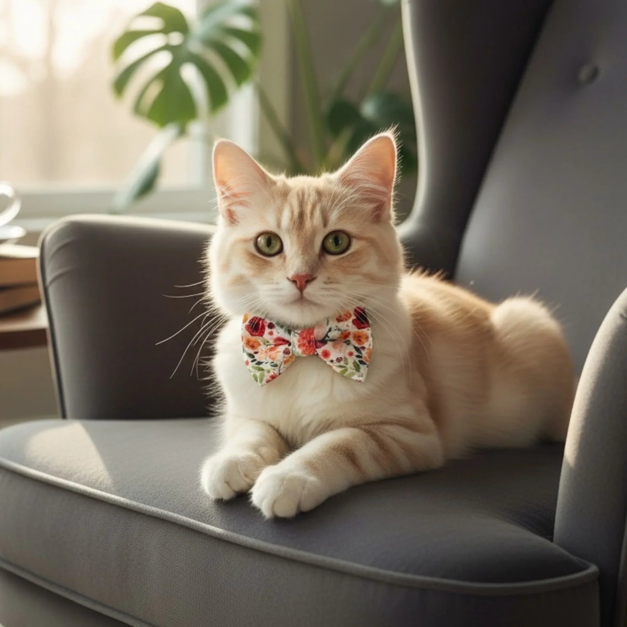 Floral cat bow tie worn by a young cat sitting on a chair.