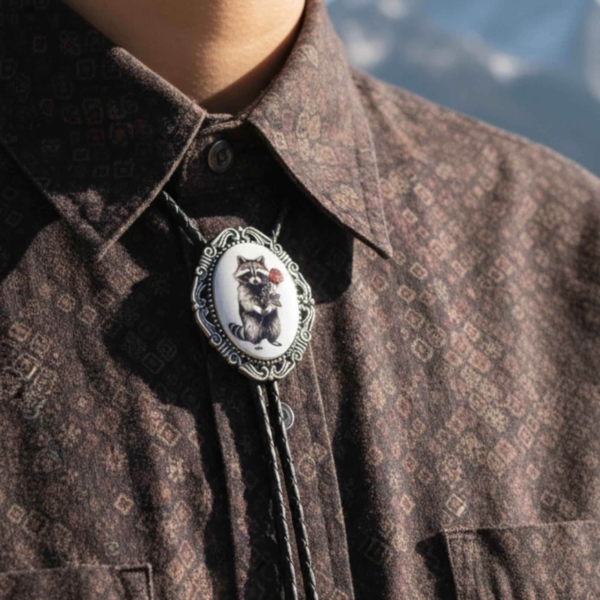Raccoon bolo tie on a Cowboy.