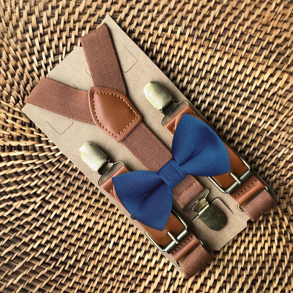 Slate Blue Bow Tie & Cognac Buckle Suspenders Set for wedding, groomsmen and ring bearer outfits.
