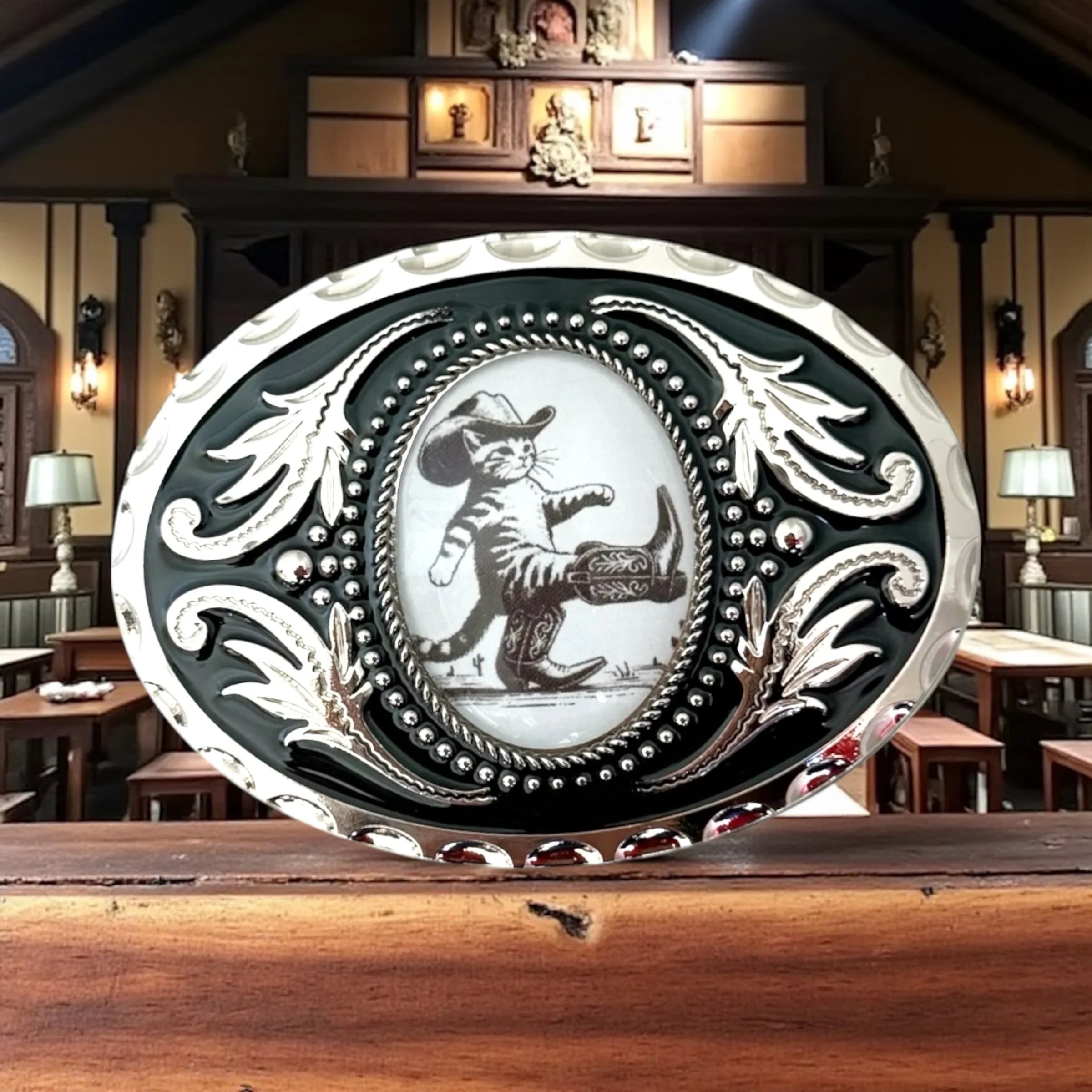 Funny belt buckle with cowboy cat