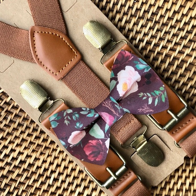 Burgundy Floral Bow Tie & Brown Suspenders Set for weddings groomsmen and ring bearers.