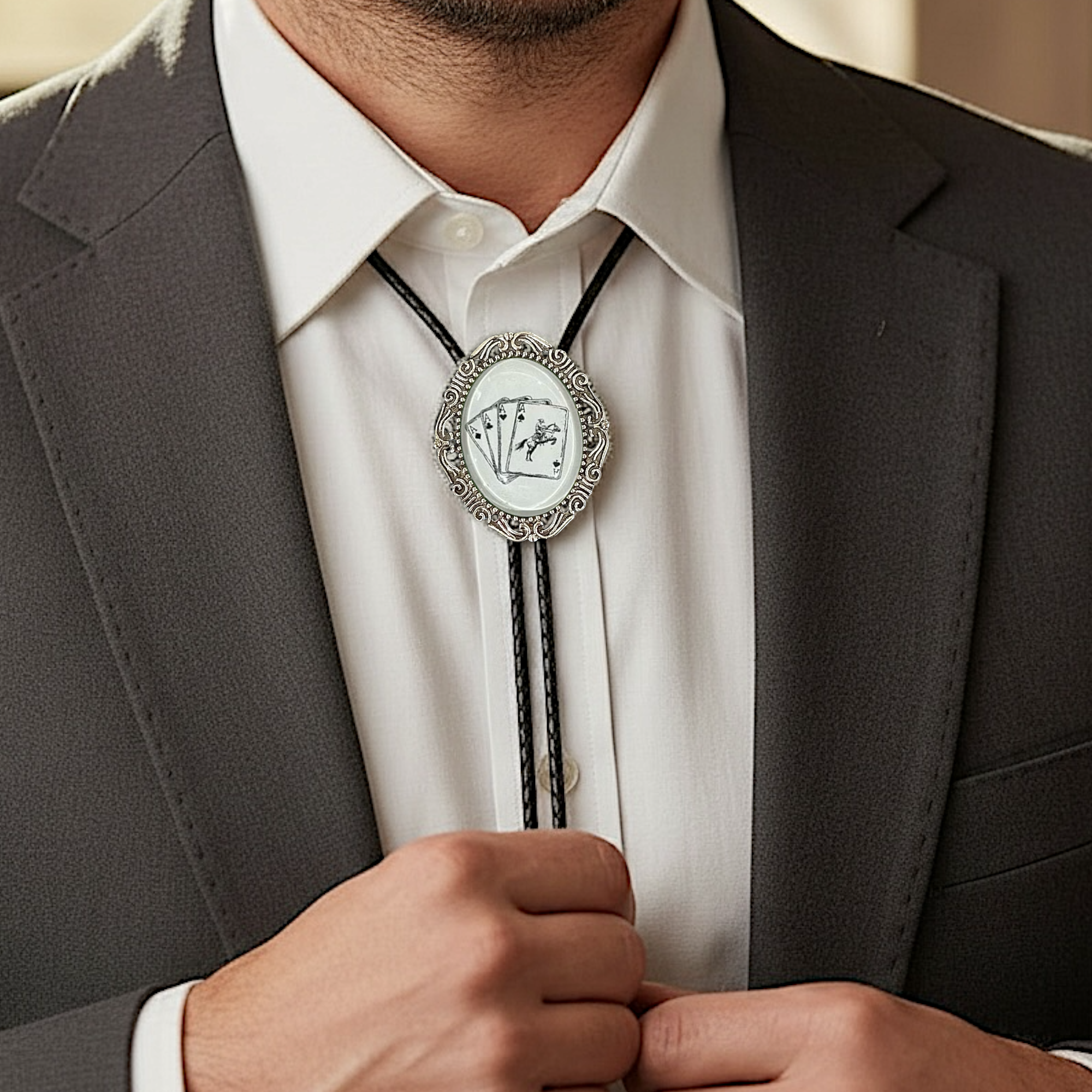 Man wearing a suit with a decorative cards bolo tie featuring playing card symbols.