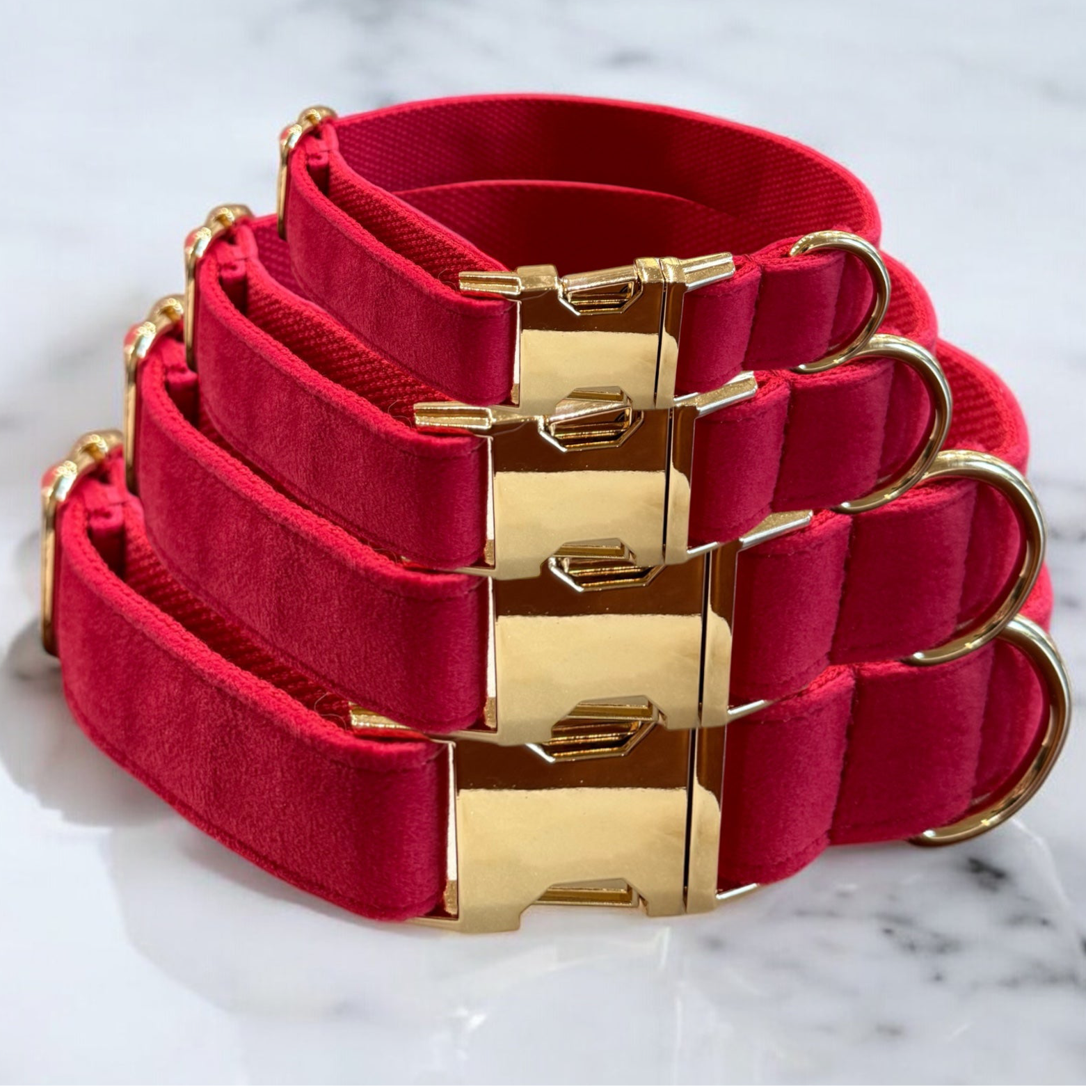 Pink velvet dog collars with gold clasps