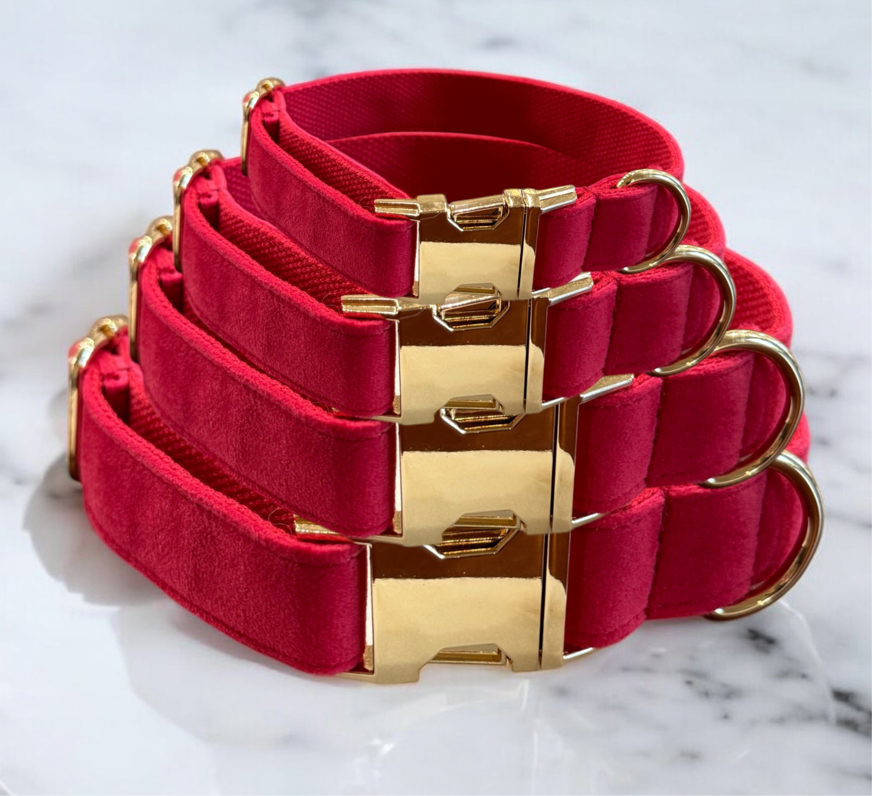 Pink velvet dog collars with gold clasps