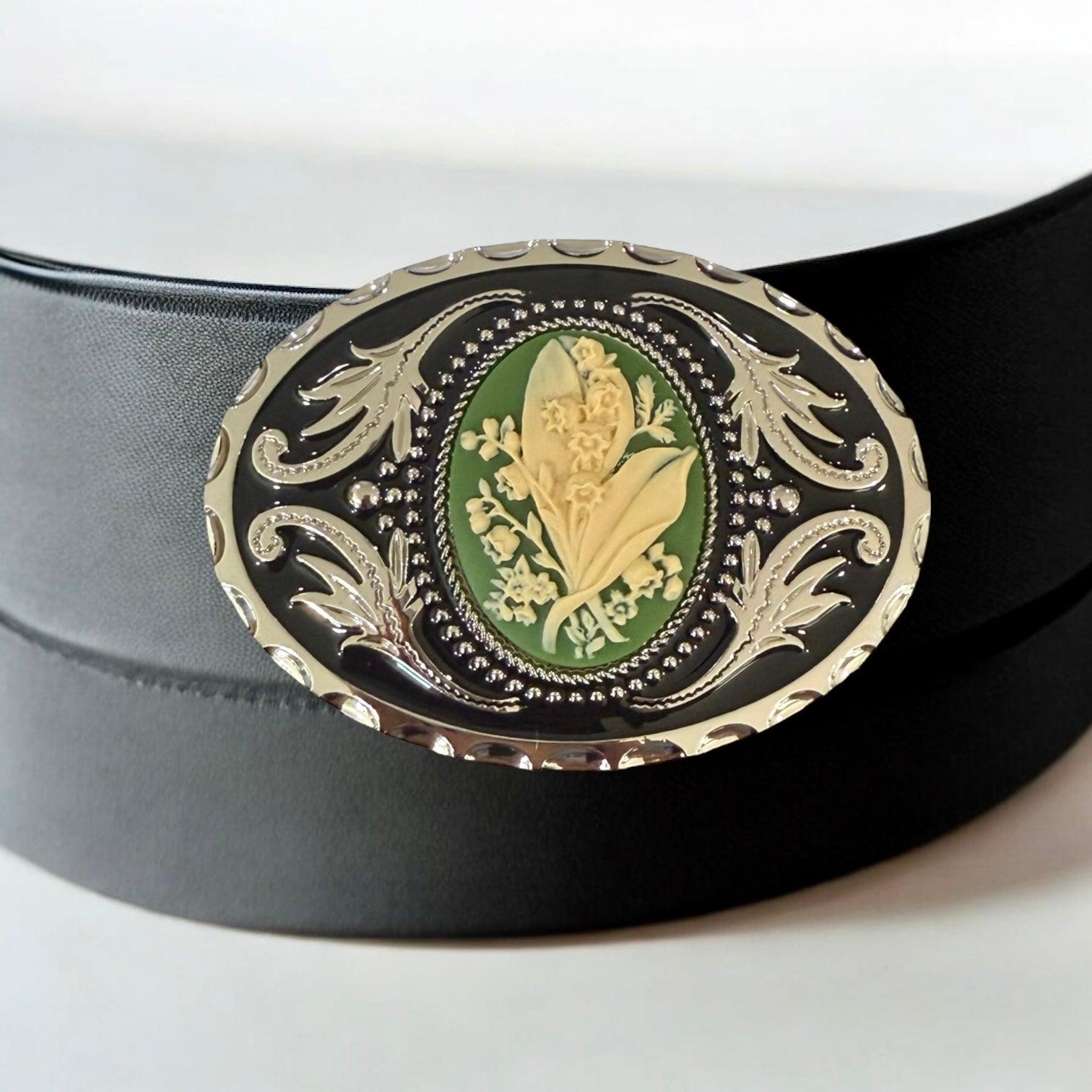 Belt Buckle Cowboy Accessory Lily of the Valley in Green on black leather belt