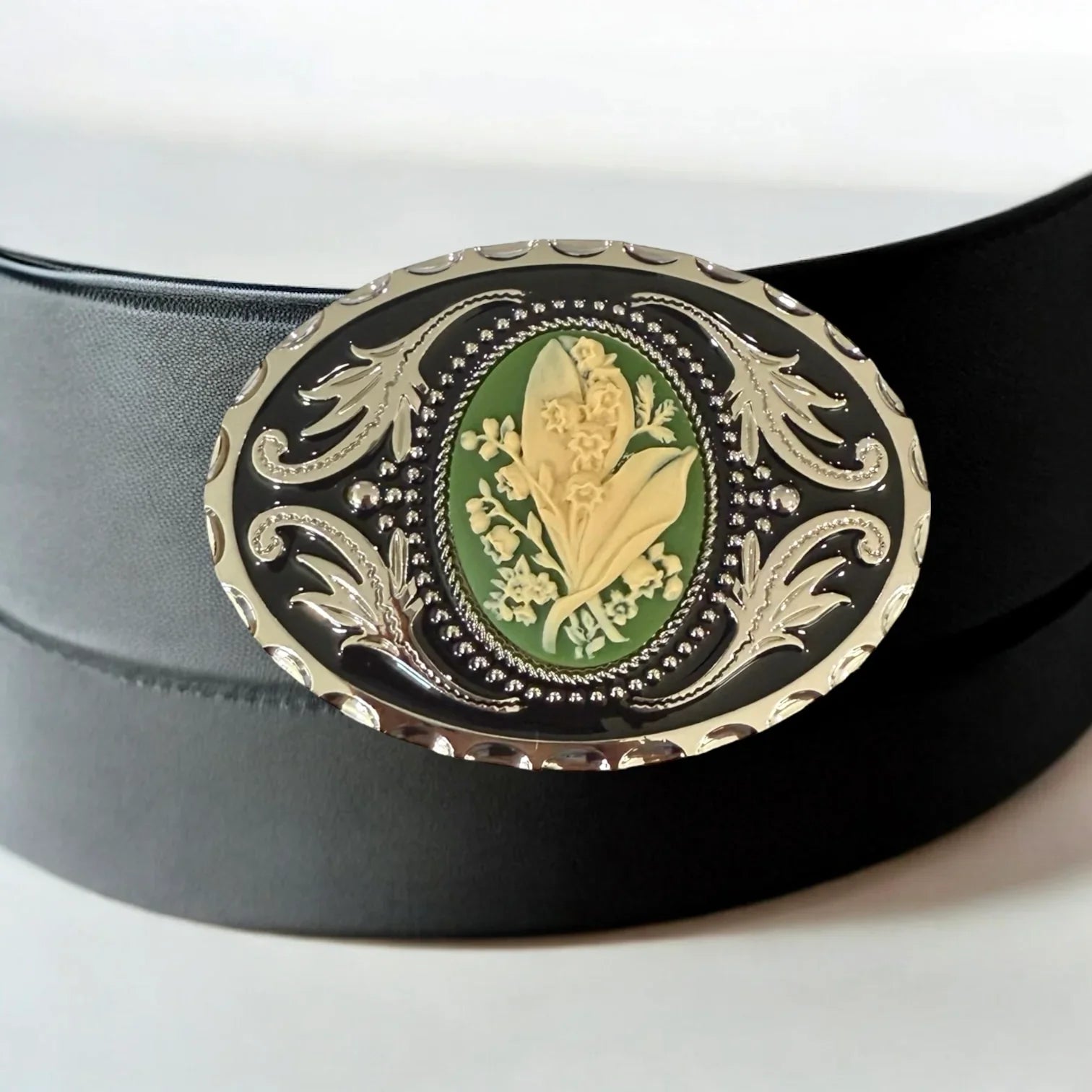 Belt Buckle Cowboy Accessory Lily of the Valley in Green on black leather belt