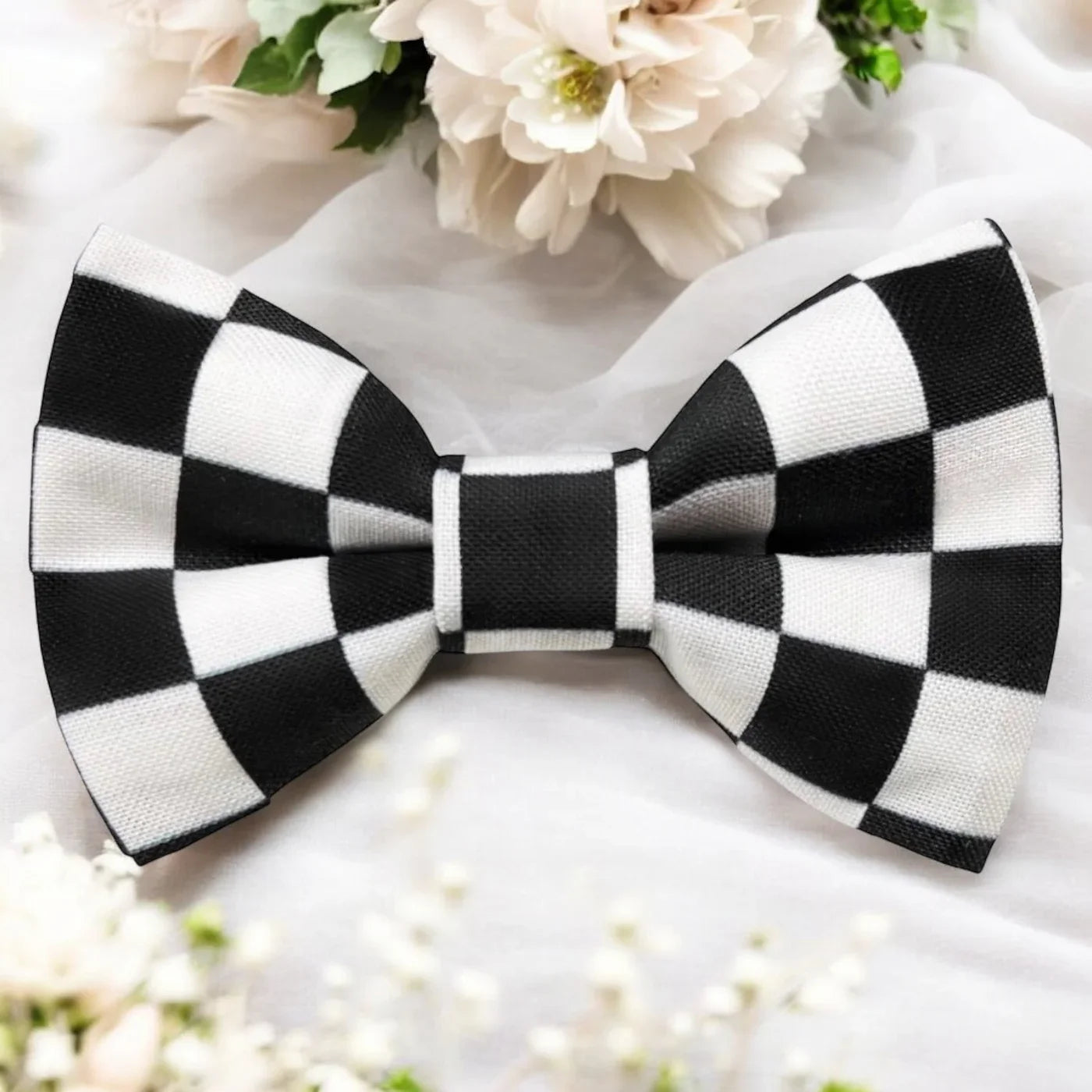 Checkered bow tie for men and toddlers and kids, handmade in the USA and pre-tied, for race car enthusiasts.