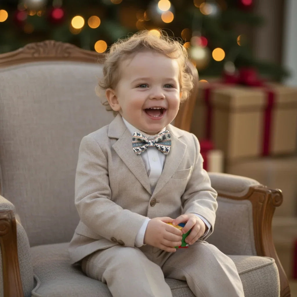 Toddler bow tie wearing a winter bow tie in front of a Christmas tree.