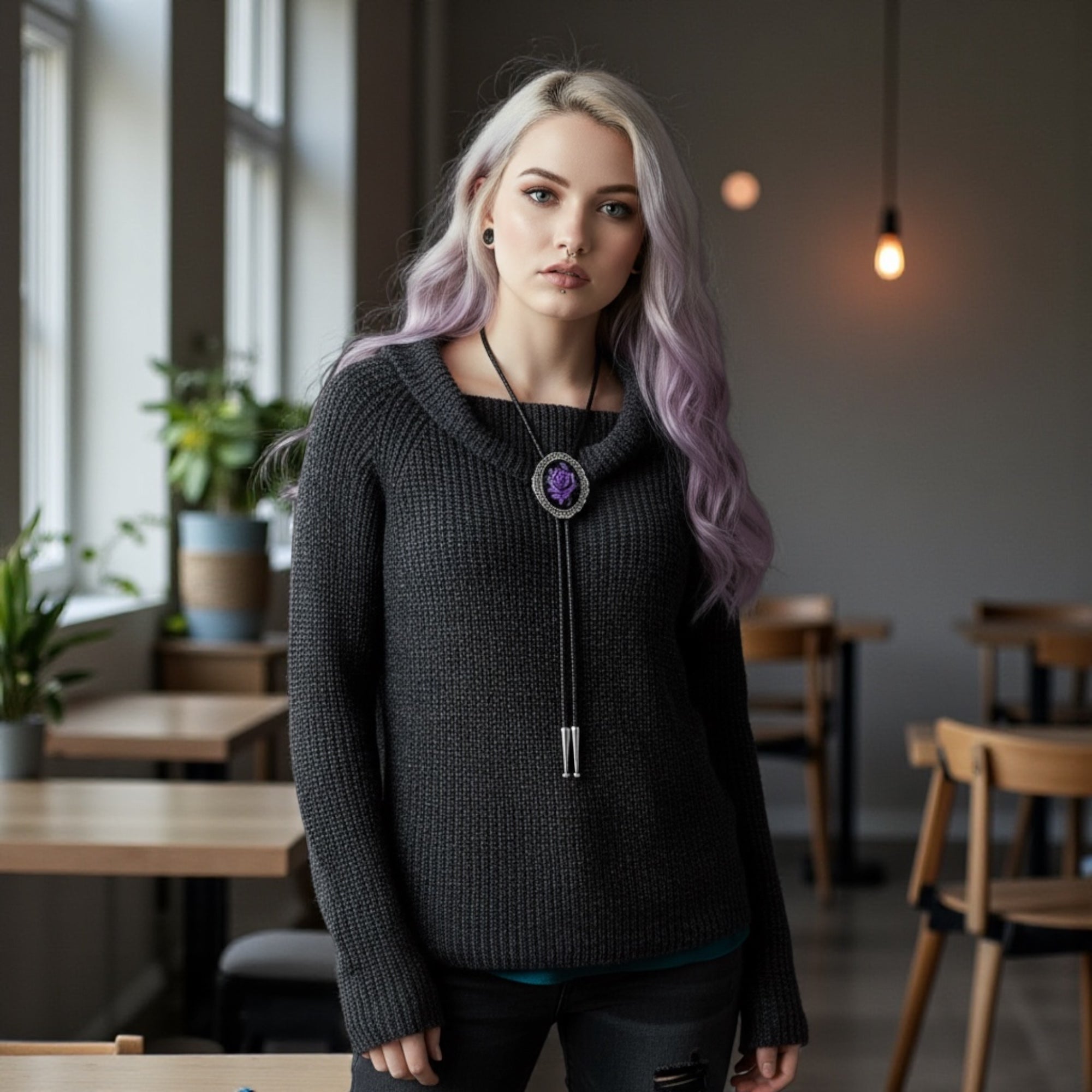 Bolo Tie- Gothic Black & Purple Rose Bolo tie worn by a woman in a coffee shop.