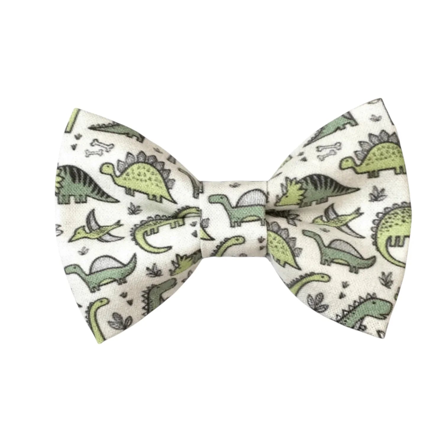 A green bow tie with dinosaur patterns, suitable for children's formal wear.