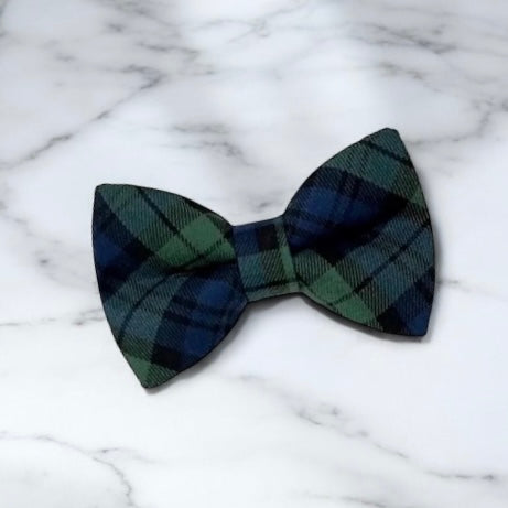 Plaid Bow Tie - Blue and Green Tartan on a white counter