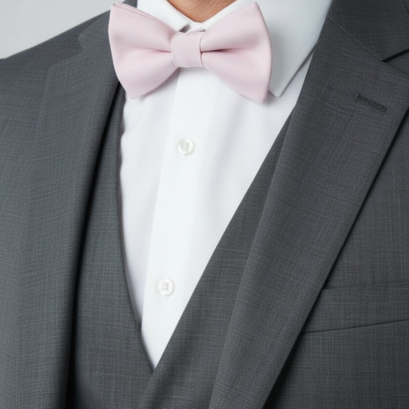 Groomsman in a gray suit with a light blush pink bowtie with a white shirt on a plain background