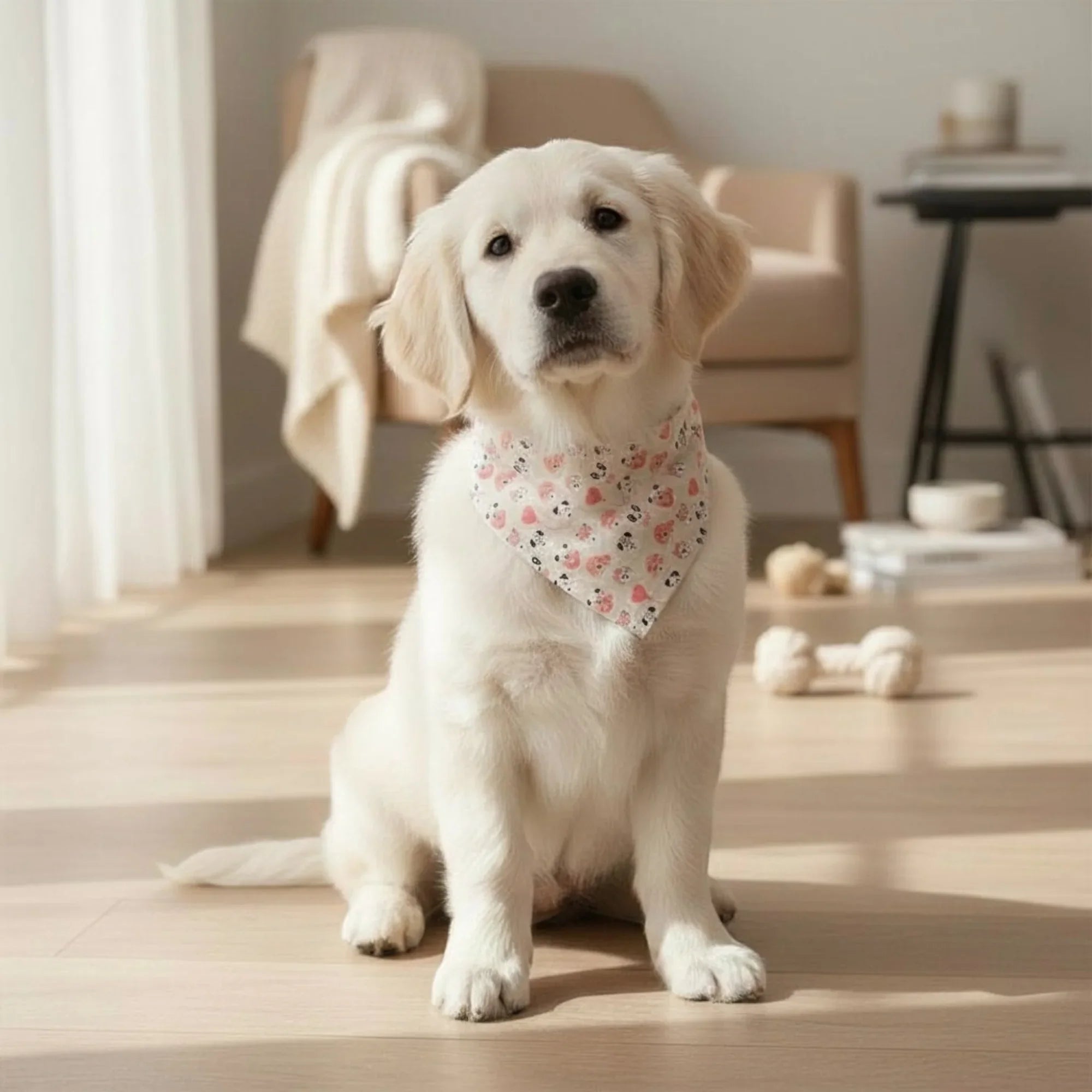 White dog wearing a Valentine’s Day dog bandana sitting on a wooden floor in a home setting.