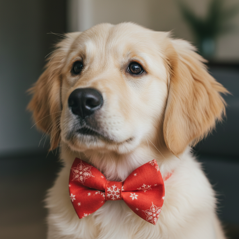 Puppy with a red dog bow tie with snowflakes.